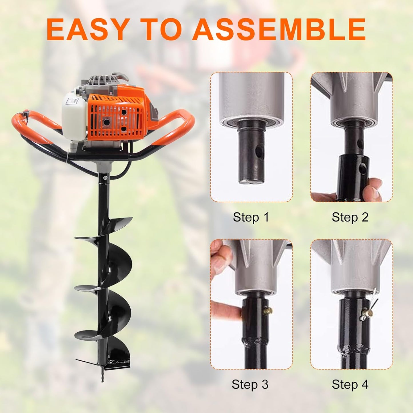 72CC Auger Post Hole Digger, 2 Stroke Gas Powered Earth Post Hole Digger with 3 Auger Drill Bits(4" & 6" & 12") + 2 Extension Rods for Farm Garden Plant, Orange (72cc+3 Auger(4"6"12")+2 Ext)