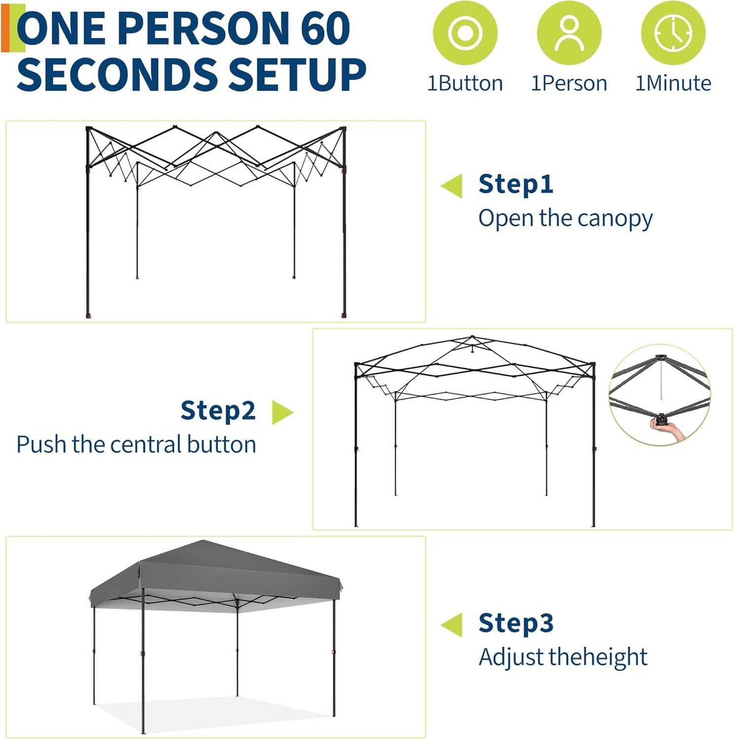 10x10 Heavy Duty Pop Up Canopy – One-Person Setup Outdoor Tent with Roller Bag, Adjustable Heights, Sandbags, Stakes & Ropes – Instant Black Shelter, No Sidewalls