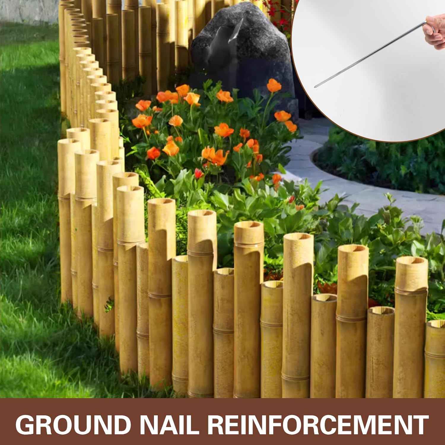 Bamboo Short Fence with Ground Spikes, Outdoor Landscape Edging Flexible Decorative Border, Garden Lawn Edging Low Fence, for Yards Gardens Patios Lawns, 39.37'' L x 5.9''/7.87'' H (Yellow)