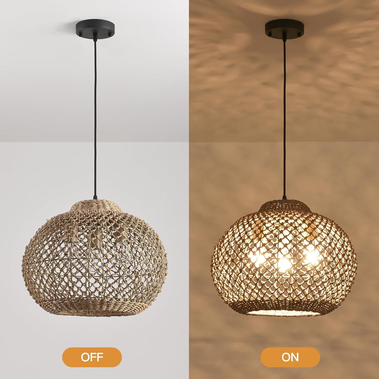 16.94" Rattan Pendant Light,Boho Wicker Chandelier Woven Water Plants, of Kitchen Island Farmhouse Dining Room,Entryway Foyer