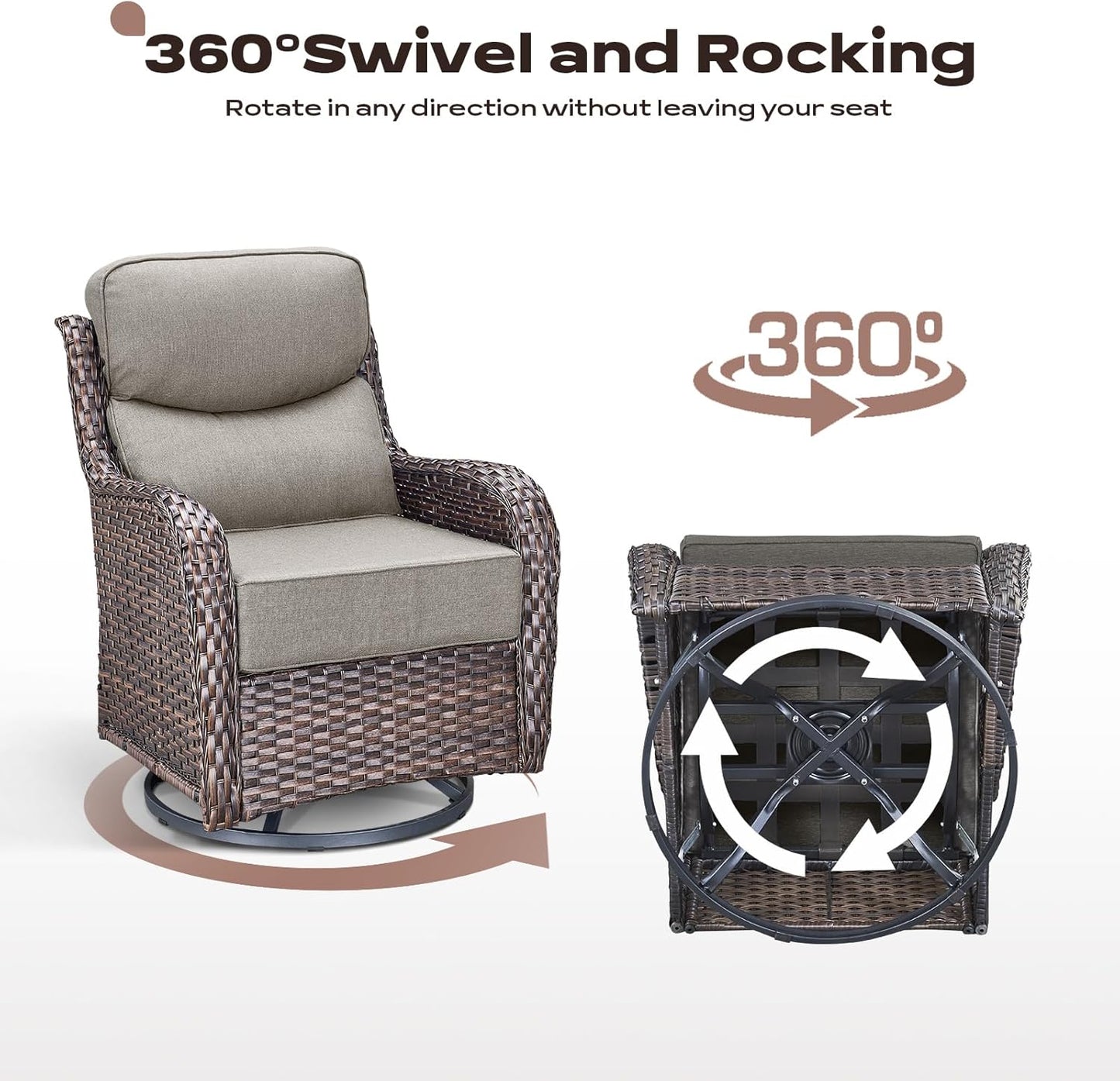 Wicker Outdoor Patio Furniture Set - 6 Piece Patio Conversation Sets with Swivel Rocker Chairs, Ottomans, Sofa and Side Table, 6 inch Cushions, Waterproof Wicker, for Porch Deck Brown/Beige