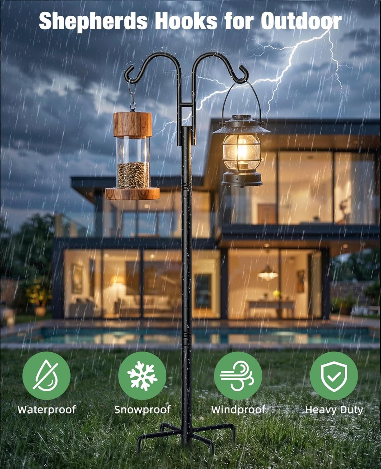 Double Shepherds Hooks, 76 Inch Bird Feeder Pole with 5-Prong Base, 3/4 Inch Thick Heavy Duty Adjustable Garden Hooks for Hanging Plants, Hummingbird Feeder, Solar Lights, Lantern Outdoor Garden Decor