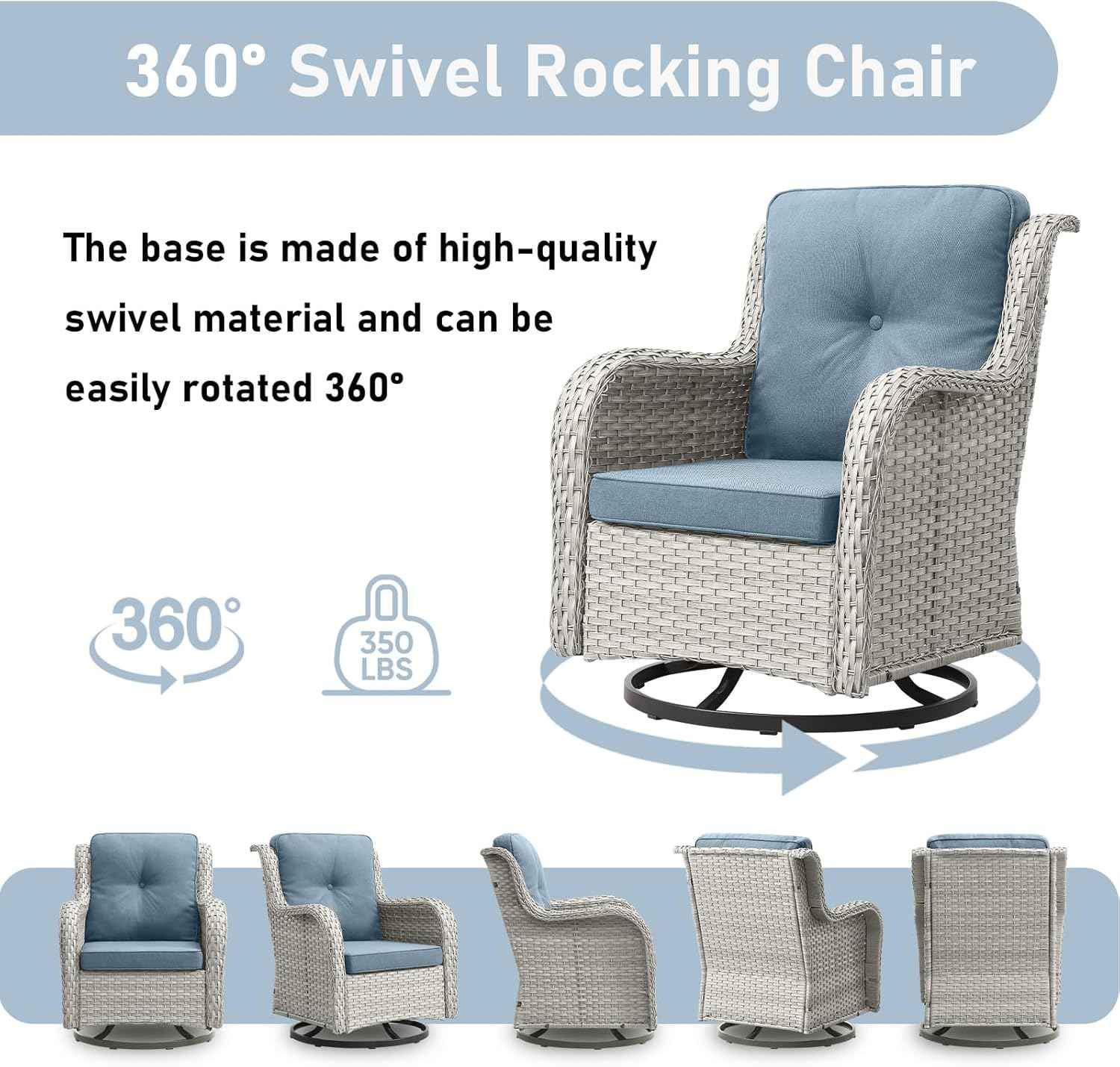 Outdoor Swivel Rocker Patio Chairs-Wicker Patio Swivel Chairs Set of 2 PE Rattan Patio Furniture for Porch Deck Balcony Garden-Light Grey/Light Blue