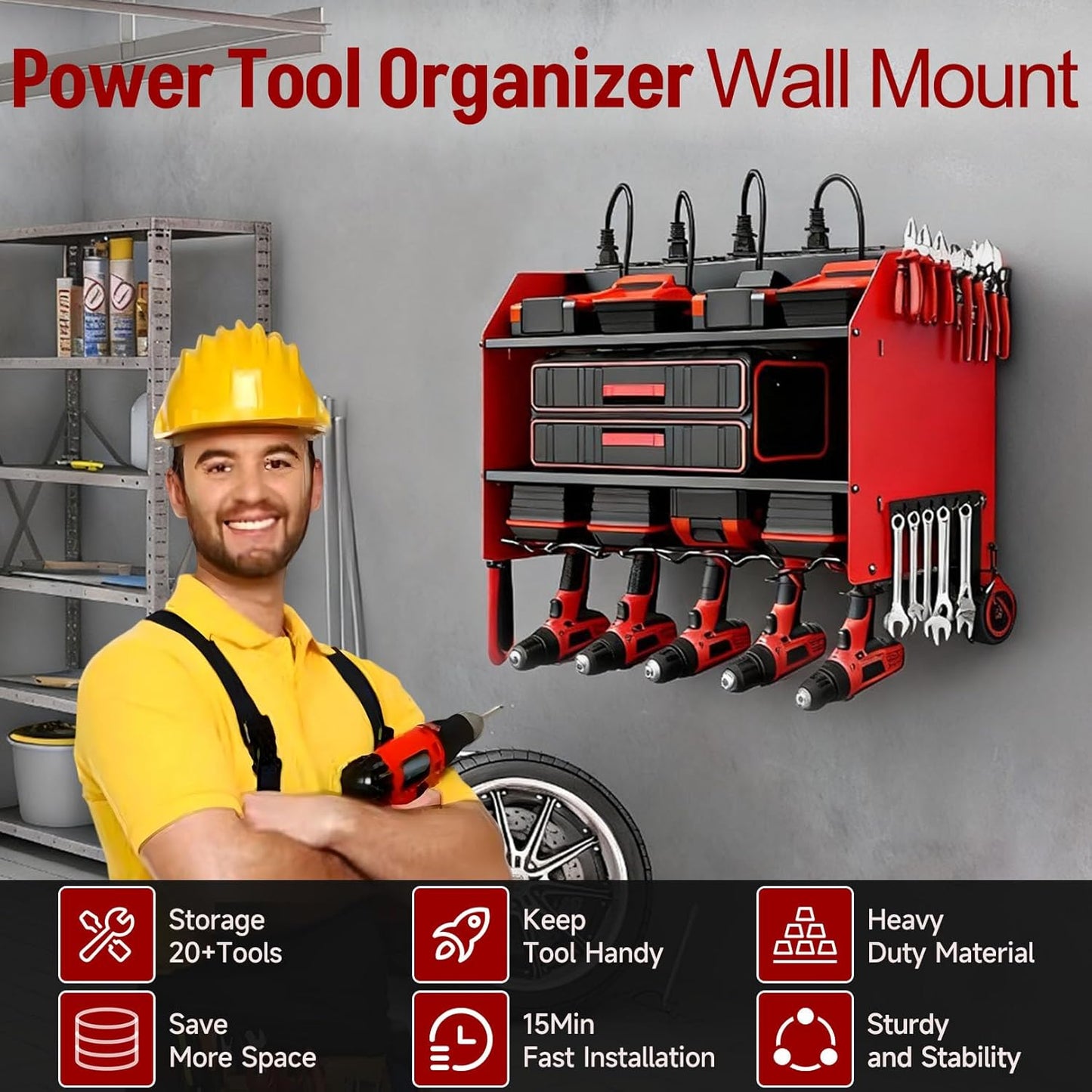 Power Tool Organizer Wall Mount with Charging Station, Heavy Duty 3 Layers Tool Storage Rack with 4 Cordless Drill Holder, Battery Holder with 8 Power Strip, Ideal for Garage, Warehouse, Workshop