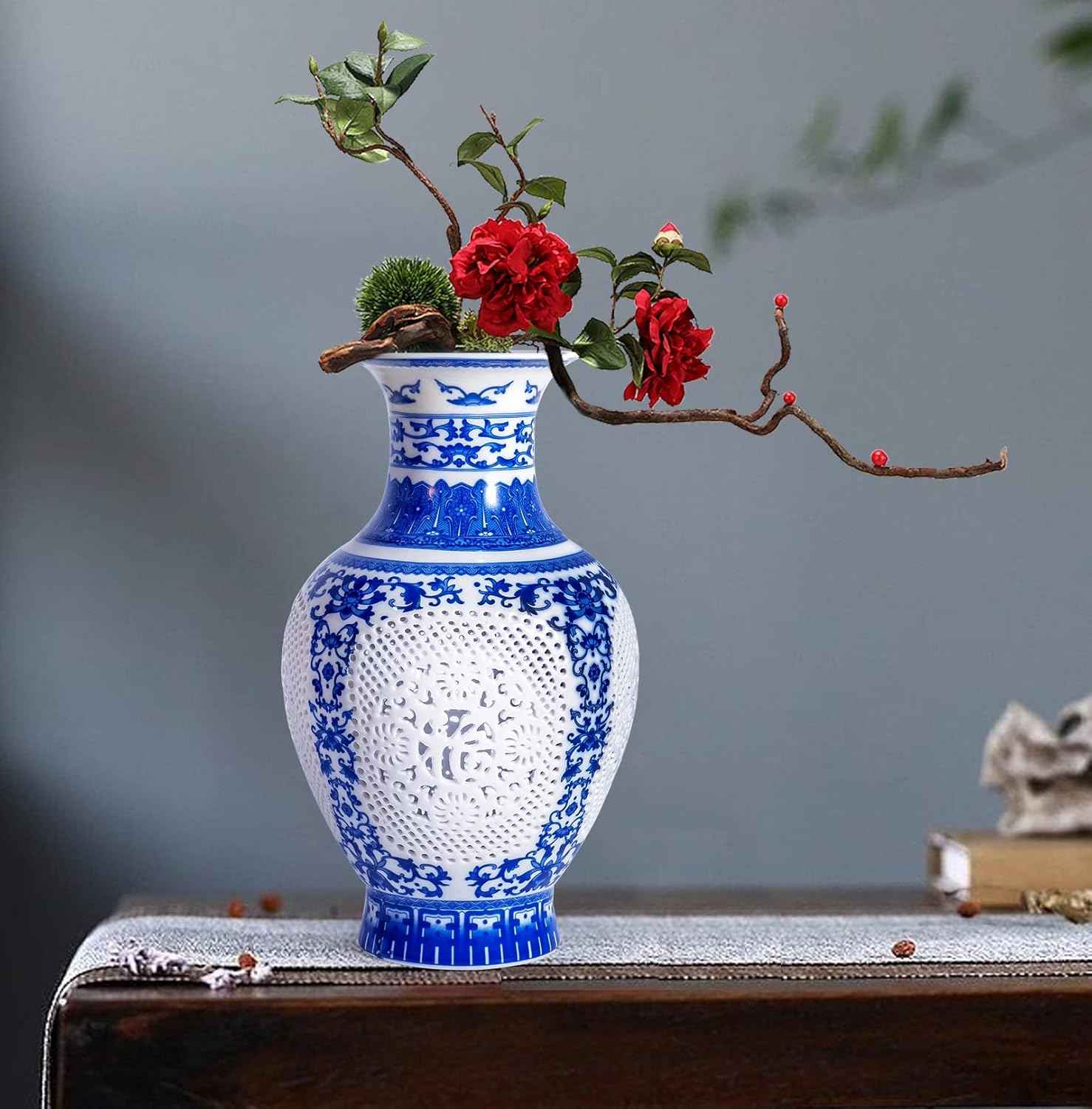 Blue and White Ceramic Vase, Chinoiserie Blue Porcelain Vase, Vintage Ceramic Flower Holder for Living Room Bookshelf Table Office Home Decoration (1-GY 11")