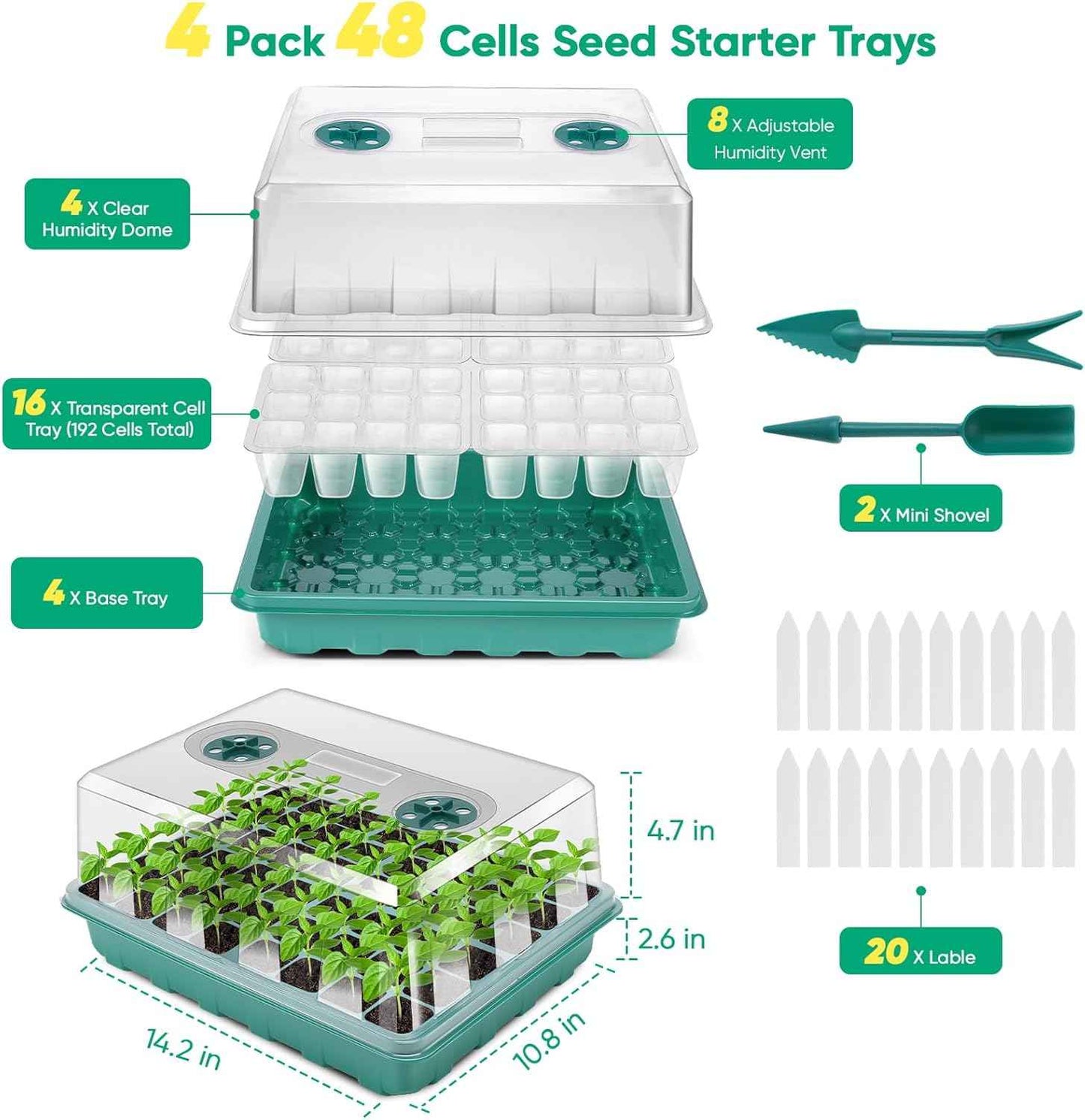 192 Cell Seed Starter Tray, Seed Starter Kit with Adjustable Humidity Dome, Seed Starting Trays Plant Starter Kit for Seeds Growing Starting, Indoor Gardening, Greenhouse