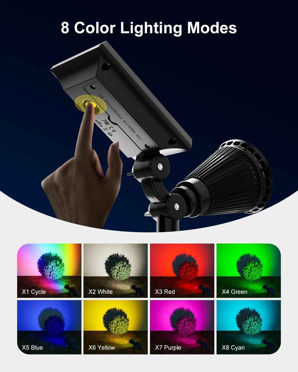 Color Changing Solar Spotlights Outdoor for Tree, Flower, Plant, Statue, Decorations, Wall, Waterproof Rainbow Lanscape Spot Lights for House Outside, Yard, Garden, Patio, 8 Coloful Uplighting Modes