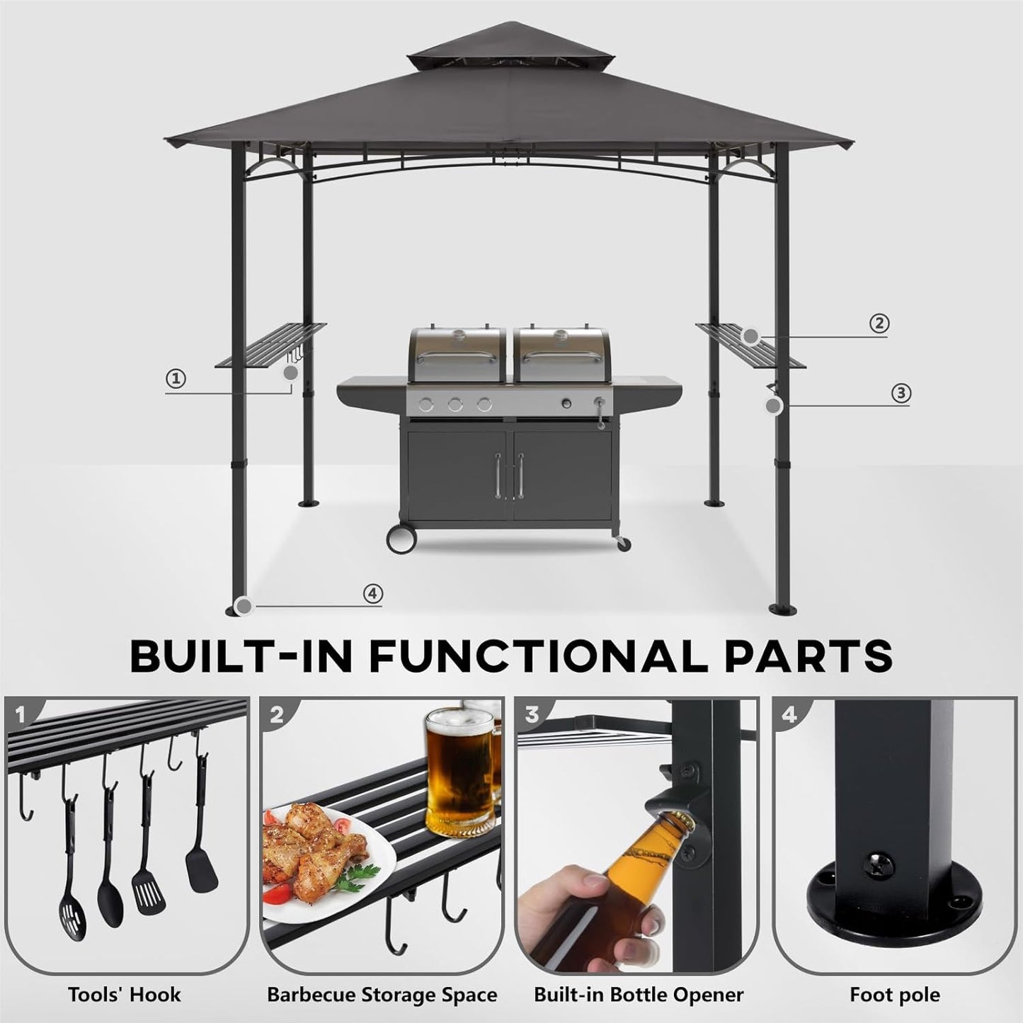 COOSHADE 8'x 5' Grill Gazebo Double Tiered Outdoor BBQ Gazebo Canopy with LED Light (Gray)