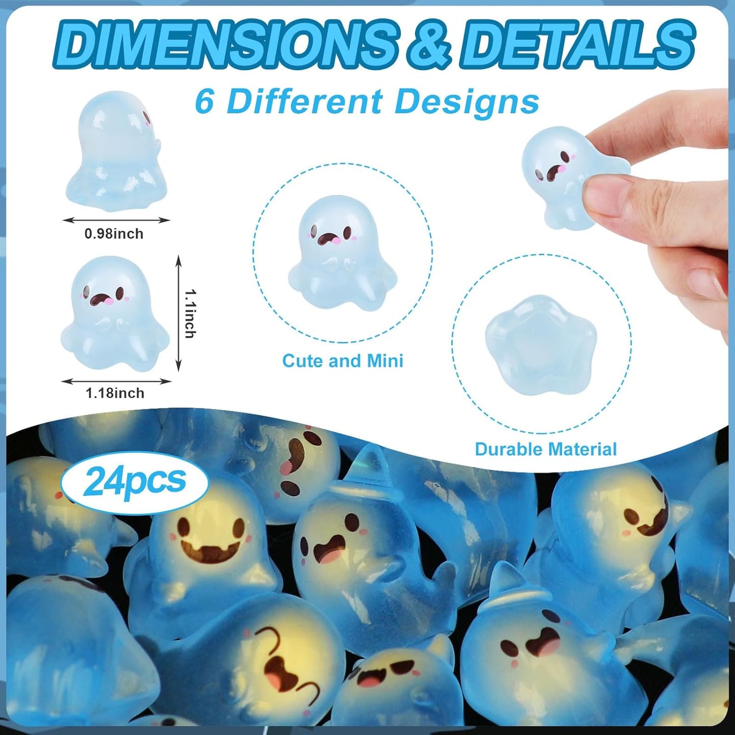 KIMOBER 24PCS Mini Luminous Ghost Miniature Figurines,Assorted Spooky Glow in Dark Resin Ghost Tiny Elf Figures for Fairy Garden Micro Landscape Decor Cake Topper Halloween(Assorted Ghost)