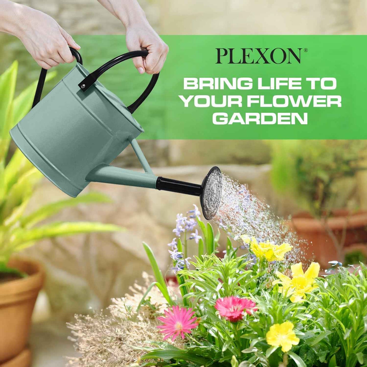 Plexon Metal Watering Can Outdoor 1 Gallon, Flower Plant Gardening Garden Large Watering Can Pot, Black Galvanized Steel Handles and Removable Spray Spout, Aqua Mist Blue