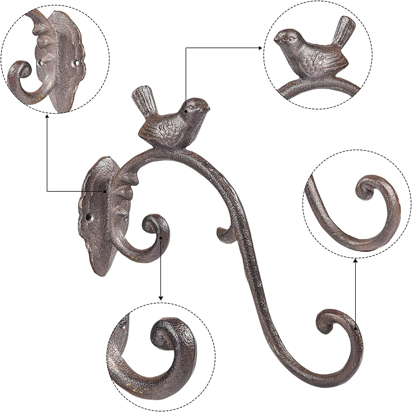 Sungmor Cast Iron Wall Hanging Plant Bracket, 2 Pack 10 Inch Decorative Plant Hanger, Lovely Bird Metal Plant Hooks for Hanging Planters Lanterns Bird Feeders Wind Chimes