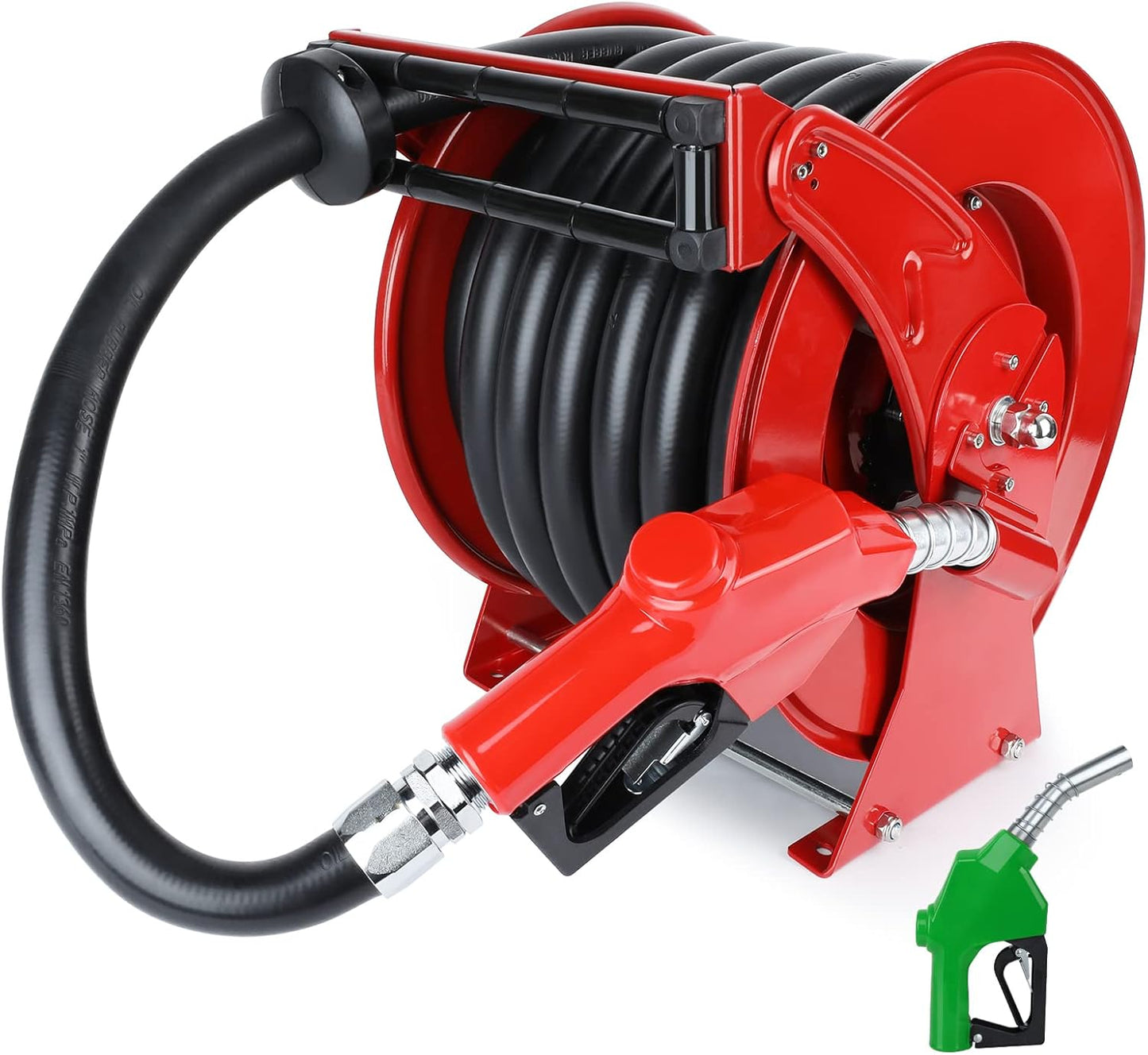 Fuel Hose Reel with Fueling Nozzle, 1" x 50FT Retractable Diesel Hose Reel, 300 PSI Industrial Heavy Duty Auto Swivel Rewind Hose Holder Reels, for Vehicle Tank Truck Trailer Ship