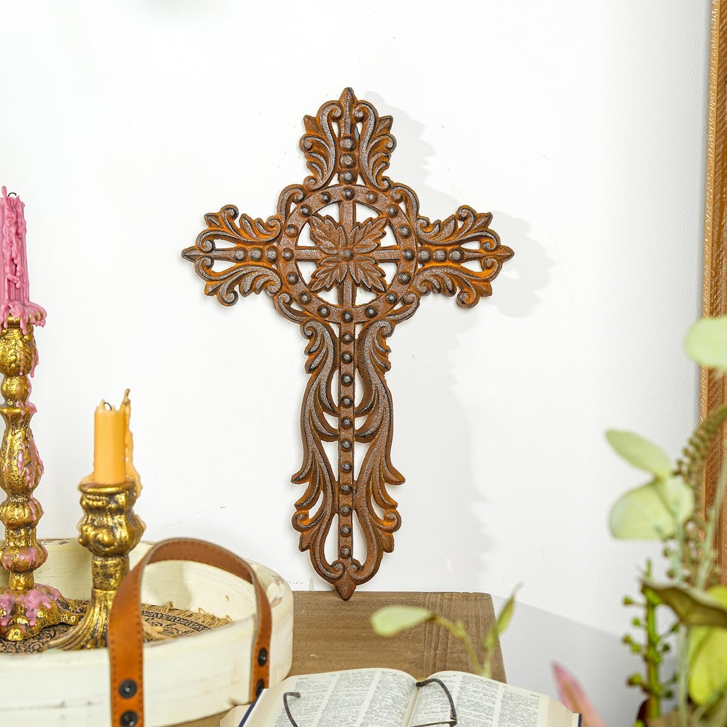 Sungmor Cast Iron Cross Wall Decor, Ornate Metal Wall Art, Vintage Decorative Outdoor Hanging Cross, Rustic Brown Religious Wall Sculpture Farmhouse Home Decor
