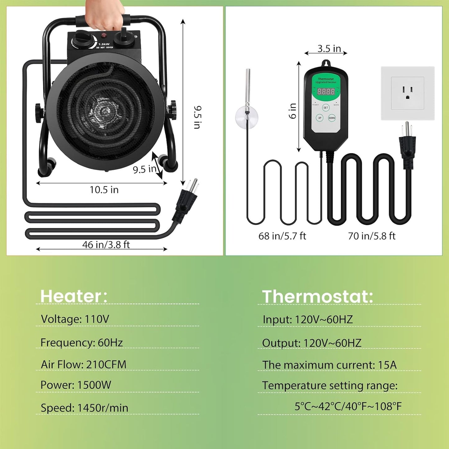 Greenhouse Heater with Thermostat, Large Size, 1500W Electric Heater, Fast Heating, Overheat Protection, Auto Temperature Control with Digital Display, for Winter Plants and Grow Tent