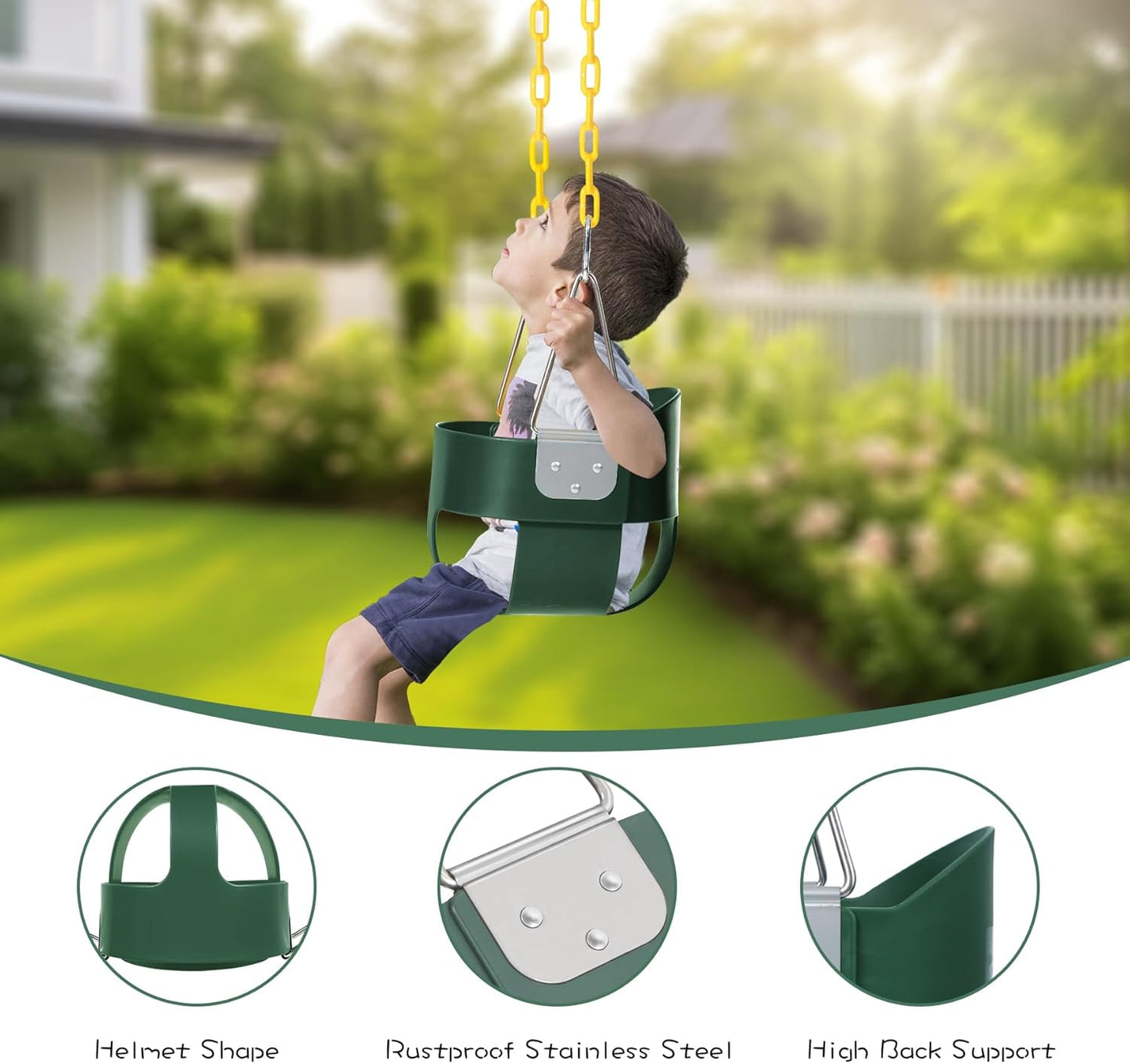 RedSwing Trapeze Swings Bar with Rings, Belt Swing Seat and Bucket Swings Combo Pack (Triangle and Chain Dip) for Kids Outdoor with 57-86" Rope,High Back Toddler Bucket Seat, Green