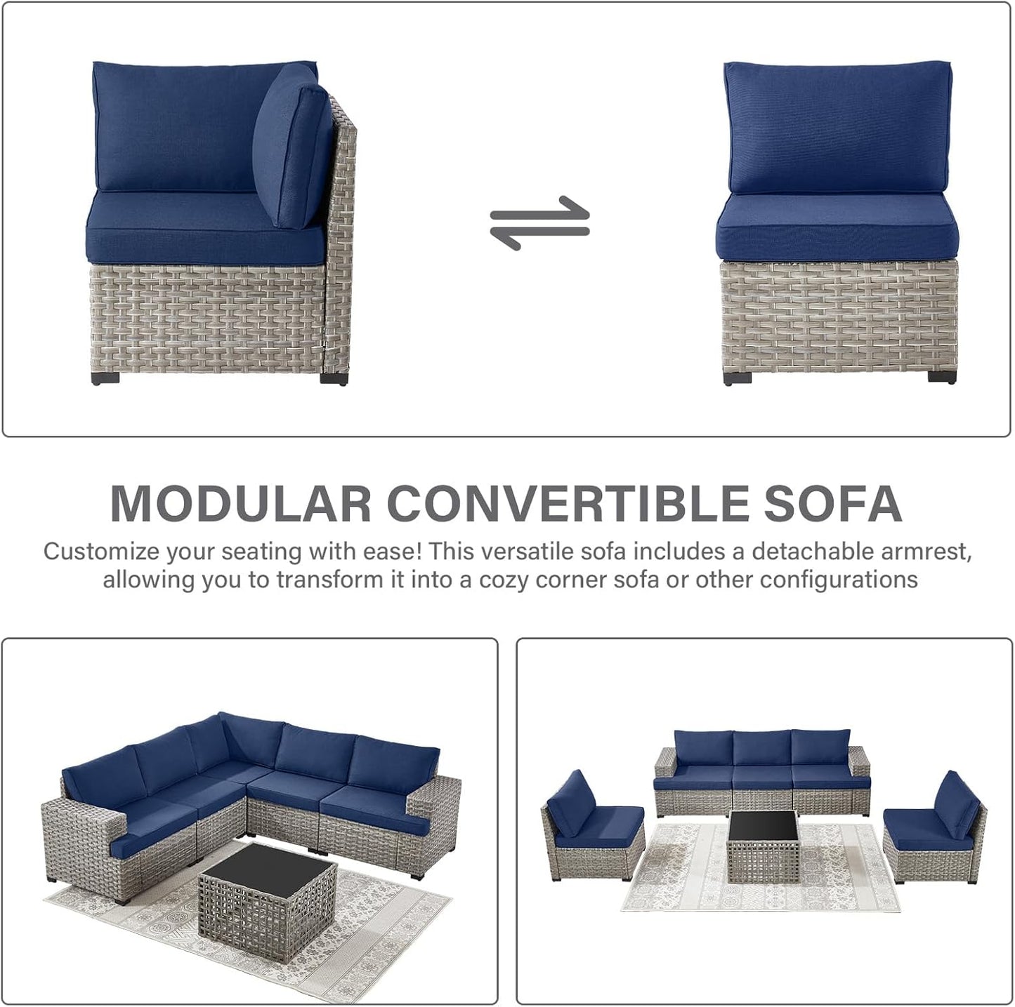 9 Piece Patio Furniture Set with 43-Inch Propane Fire Pit Table, Outdoor Sectional Sofa Set, 5 Seater Modular Wicker Seating with 50000 BTU Fire Table for Deck Backyard Casual Gathering