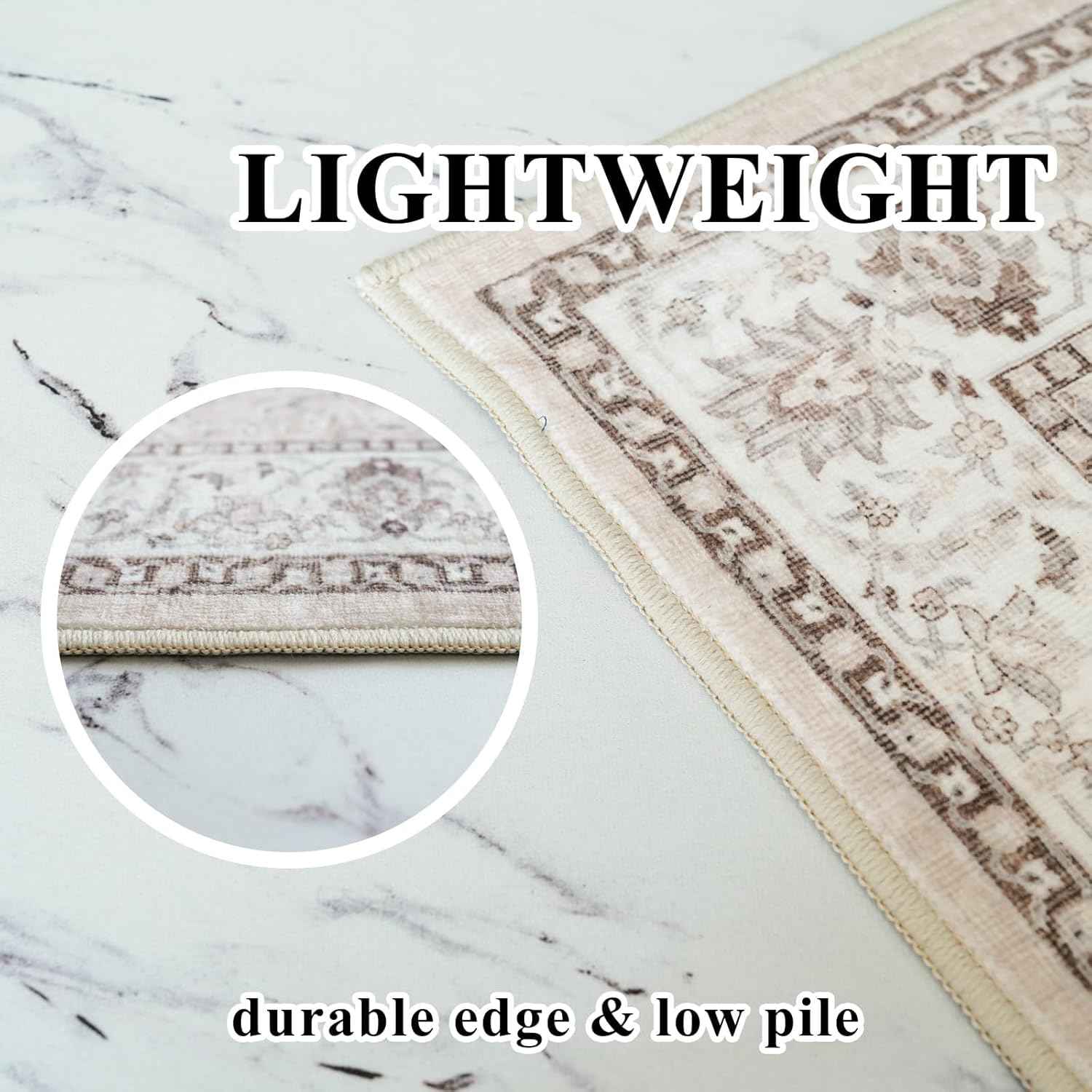 Washable 8ft Round Area Rug - Living Room Oriental Non Slip Soft Rugs Indoor Low Pile Stain Resistant Carpet for Bedroom Dining Room Farmhouse Distressed Thin Home Decor Floor Mat(8Round,Beige)