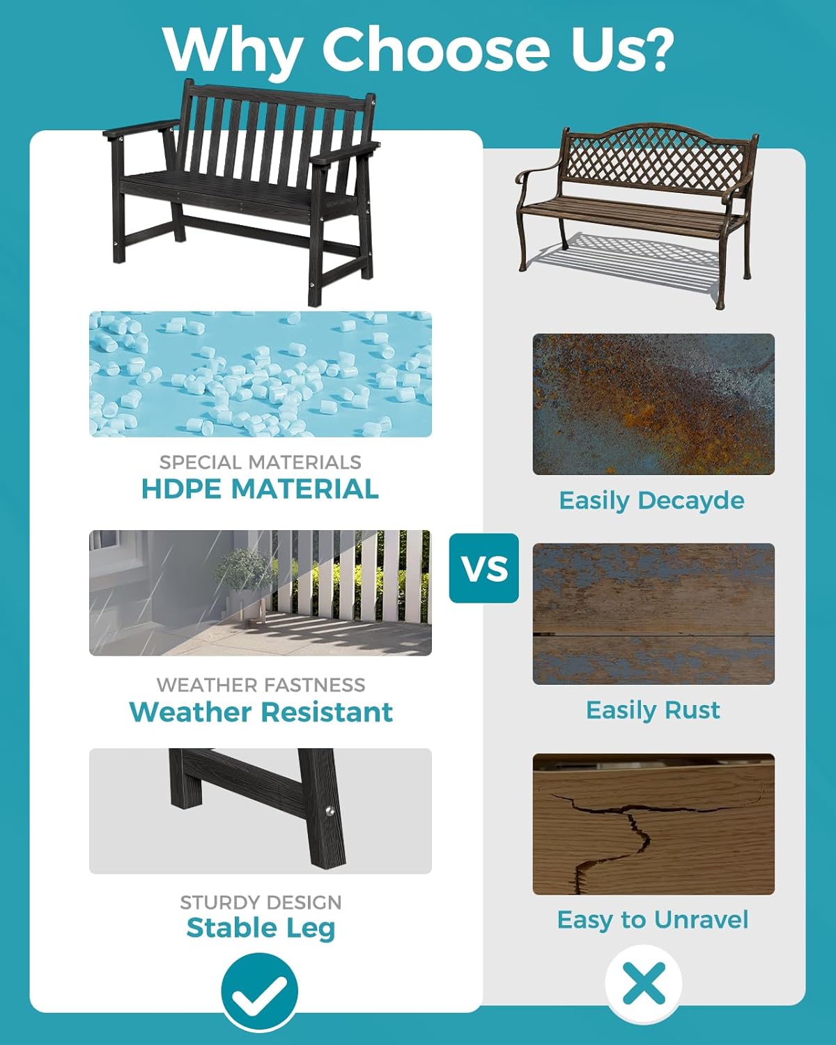 Outdoor Bench, 2-Person HDPE Garden Bench, All Weather Poly Patio Bench for Outdoors, Garden, Backyard, Porch and Park, 550 lbs Weight Capacity, Black, 2 Pack