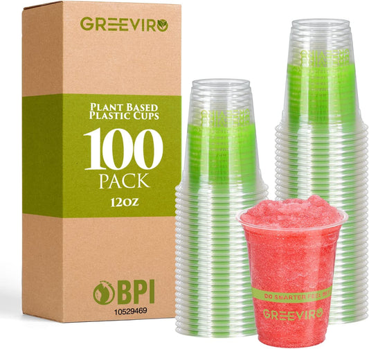 Eco Compostable Plant-Based Clear Plastic Cups 12oz Thick, Reusable, Disposable Iced Coffee Cups for Smoothies, Beer & Any Beverages for Parties, Weddings & Gatherings