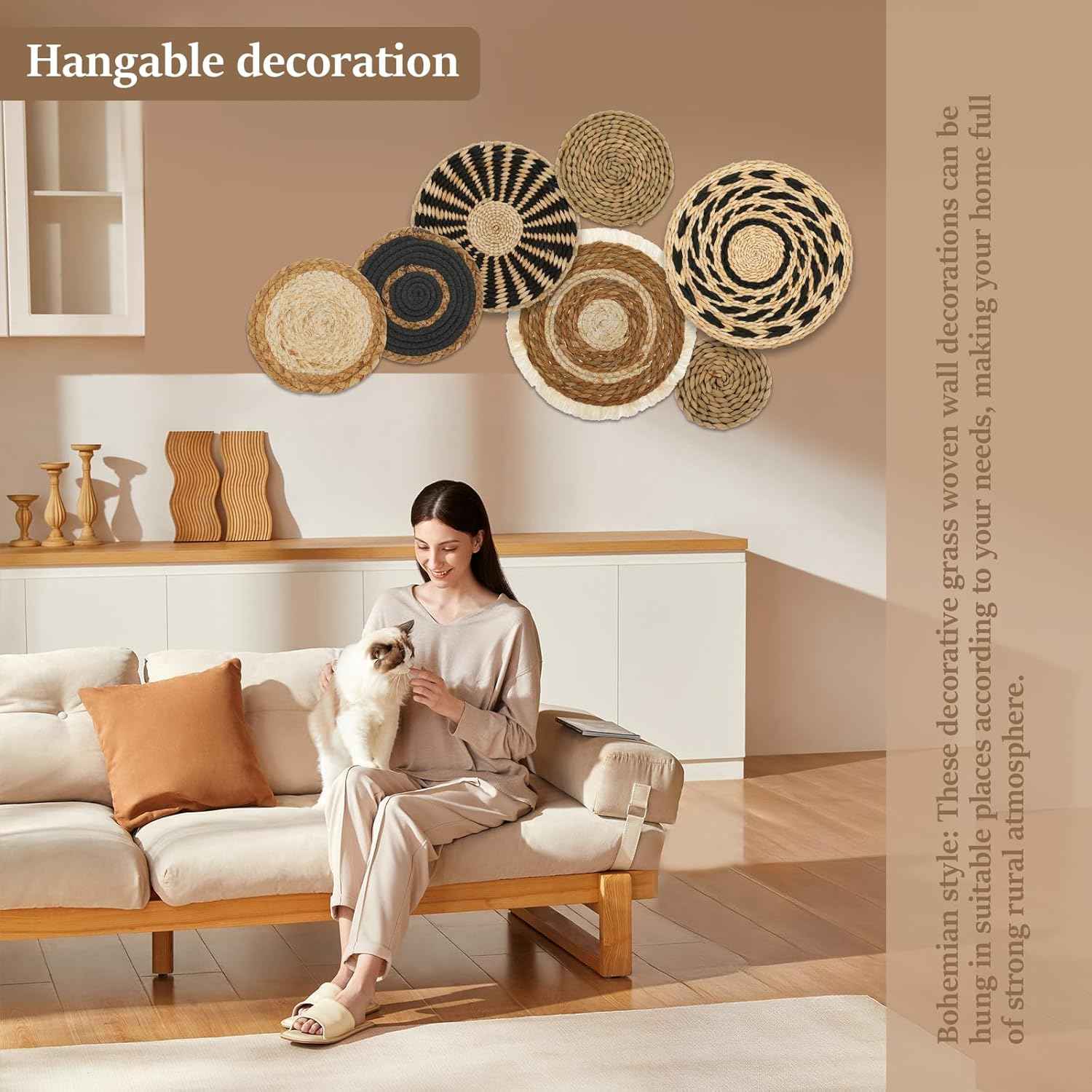 7 Pack Boho Wall Basket Decor,Seagrass Rattan Wicker Boho Wall Decor,Hanging Woven Wall Basket Decor,Round Flat Seagrass Baskets Wall Art, Round Wall Art for Farmhouse Bedroom Living Room Display