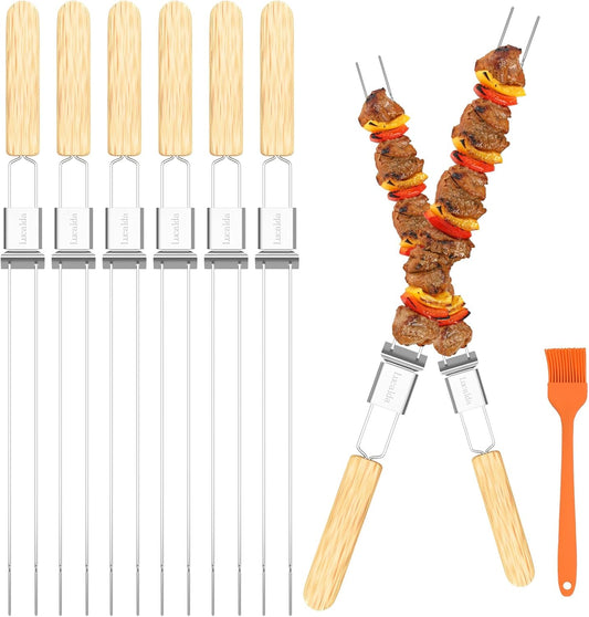 Skewers for Grilling, 17" (6 Pcs) Wooden Handle Double Pronged Stainless Steel Flat Kabob Skewers with Push Bar, Reusable Long Metal Skewer Sticks for Meat Chicken Vegetable, BBQ Accessories
