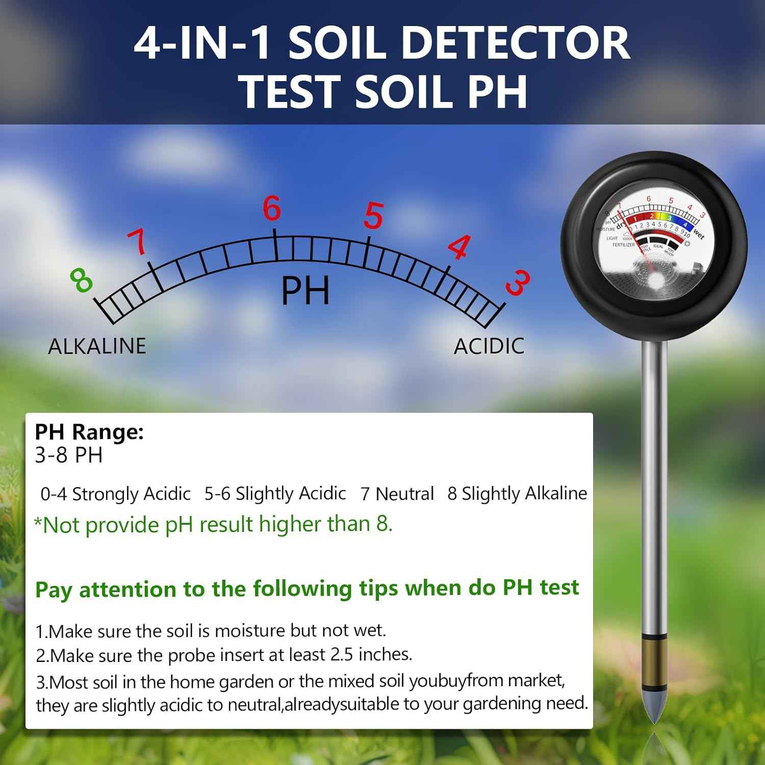 4-in-1 Soil Tester, Battery Free Plant Moisture Meter with PH/Moisture/Light Test/Fertilizer, Soil PH Meter for Garden, Lawn, Potted Plants, Farm (90° Rotation)