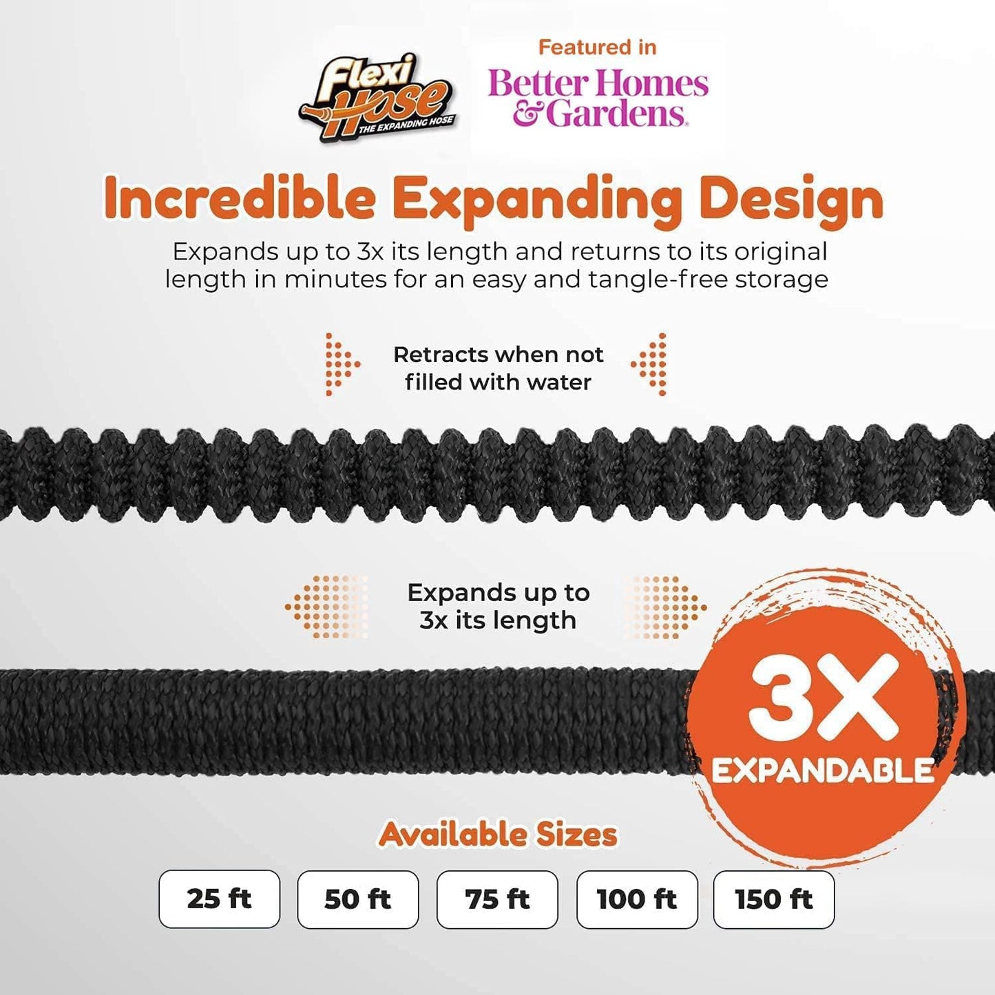 Flexi Hose with 8 Function Nozzle, 50FT - Lightweight Expandable Garden Hose, No-Kink Flexibility, 3/4 Inch Solid Brass Fittings and Double Latex Core