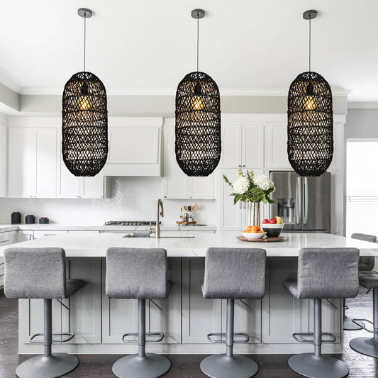 Arturesthome 1 Light Rustic Rattan Basket Pendant Light Fixture, Boho Wicker Chandelier Lamp Black, Coastal Handmade Crafts Lampshade, Farmhouse Hanging Ceiling Lighting for Dining Kitchen