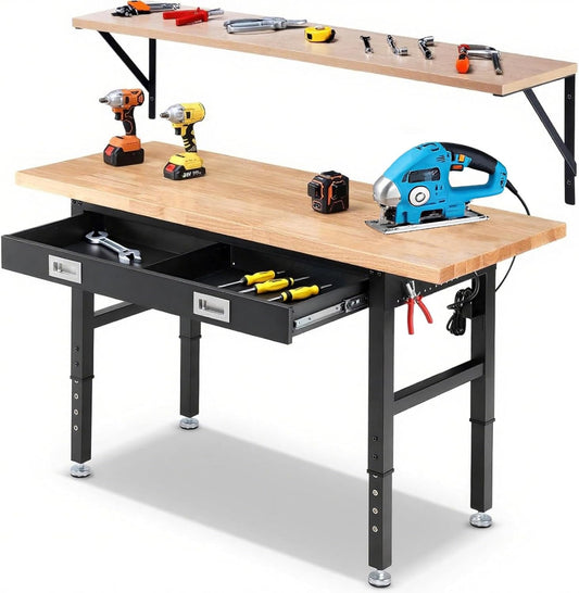 Work Bench with Shelf Bracket 60 Inch Heavy Duty Rubberwood Tabletop Workbench for Garage Adjustable Height Work Table with Drawers, Power Outlets for Woodworking, Home, Office, Workshop