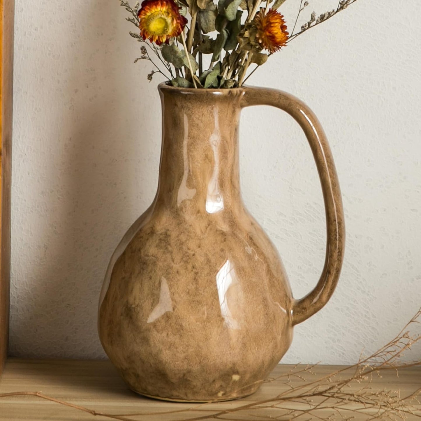 Brown Ceramic Vase with Big Handles, Modern Farmhouse Decor, Rustic Pottery for Flowers, Decorative Terracotta Centerpiece for Dining Table