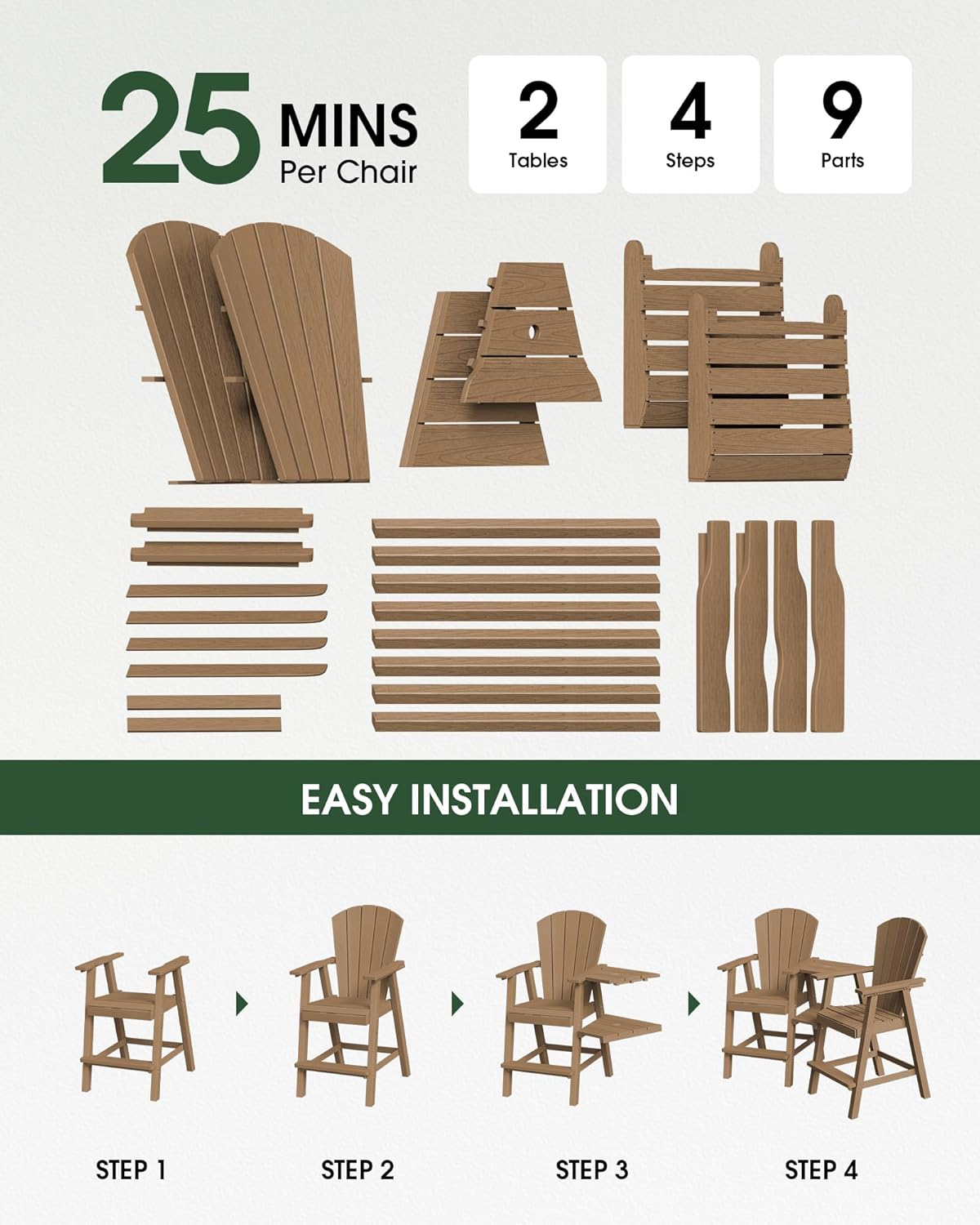 Tall Adirondack Chairs Set of 2, HDPE High Adirondack Chairs with Double Removable Trays, All Weather Outdoor Barstools for Patio, Balcony, Backyard, Deck and Garden, Teak