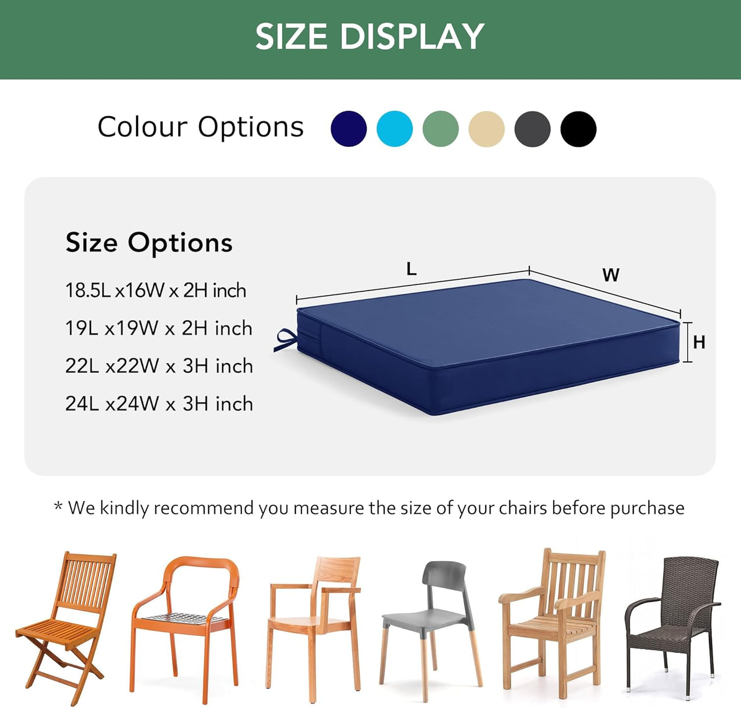 Outdoor Chair Cushions Set of 4: Waterproof & Fade Resistant Seat Cushion for Patio Furniture - 18.5 x 16 x 2 Inch Chair Pads with Ties and Hidden Zipper - Patio Chair Cushion Replacement, Navy