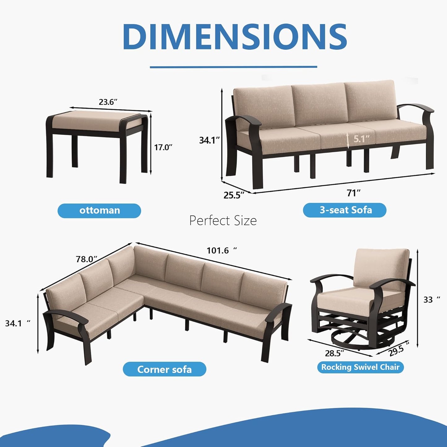Aluminum Patio Furniture Set with Fire Pit Table, 10 Seats Outdoor Patio Conversation Set with Swivel Chair Modern Metal Patio Sectional Sofa with Coffee Table for Patio, Backyard(Sand).