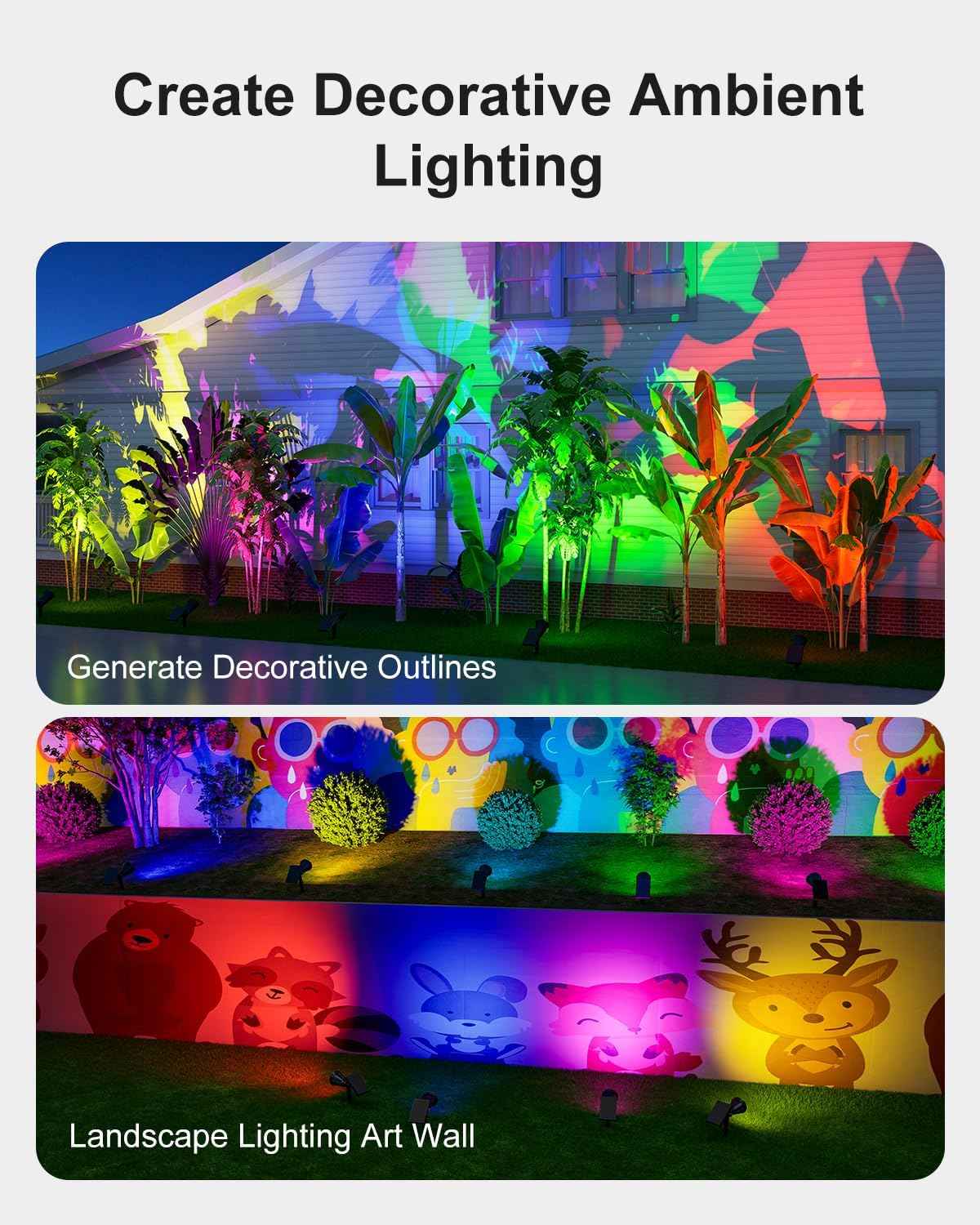 Color Changing Solar Spotlights Outdoor for Tree, Flower, Plant, Statue, Decorations, Wall, Waterproof Rainbow Lanscape Spot Lights for House Outside, Yard, Garden, Patio, 8 Coloful Uplighting Modes