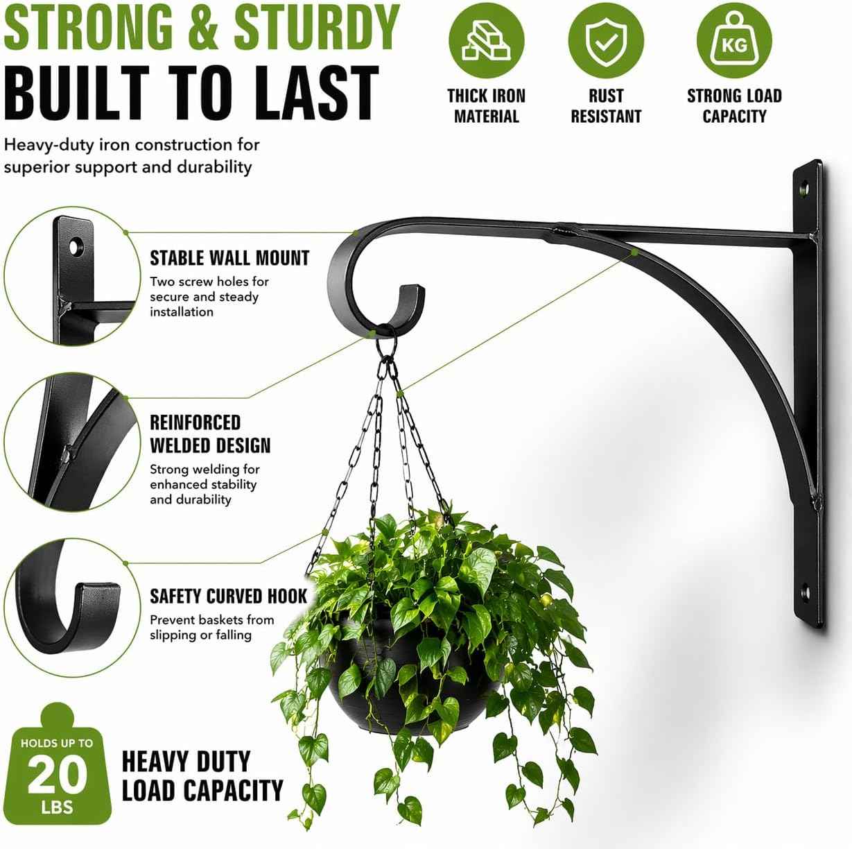 Plant Hangers Outdoor Indoor, 10 Inch Heavy Duty Wall Hooks 2/4 Pack, Decorative Iron Plant Hooks for Hanging Plants, Bird Feeders, Wind Chimes, Flower Baskets (1Pack)
