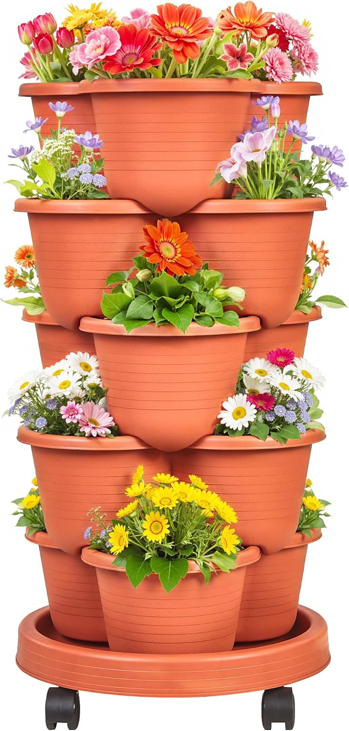 VECELO 5 Tier Vertical Garden Planter, Self Watering Stackable Planters with Wheels for Strawberries, Herbs, Flowers, Vegetables, Red