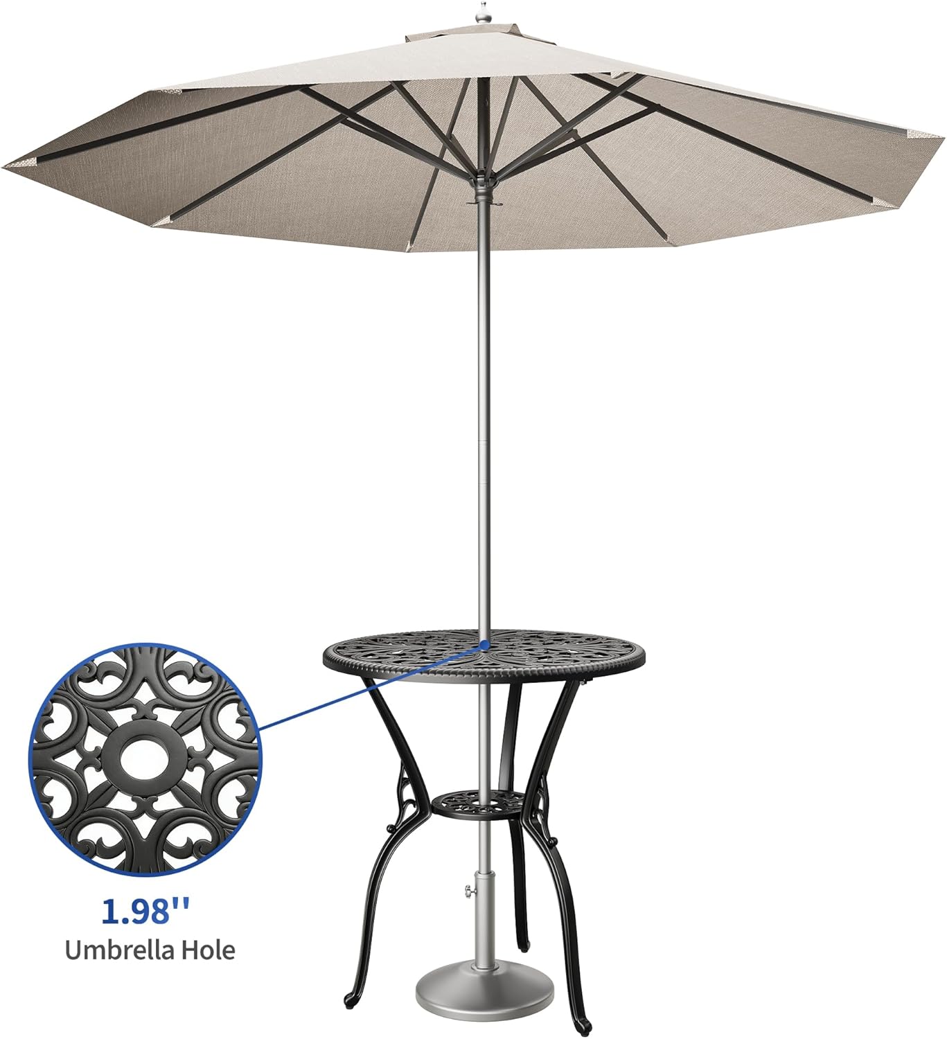 23" Round Cast Aluminum Patio Bistro Table, Outdoor Coffee Bistro Side Table with Umbrella Hole, Antique Design Dining Desk for Backyard, Garden, Porch, Pool, Balcony, Black