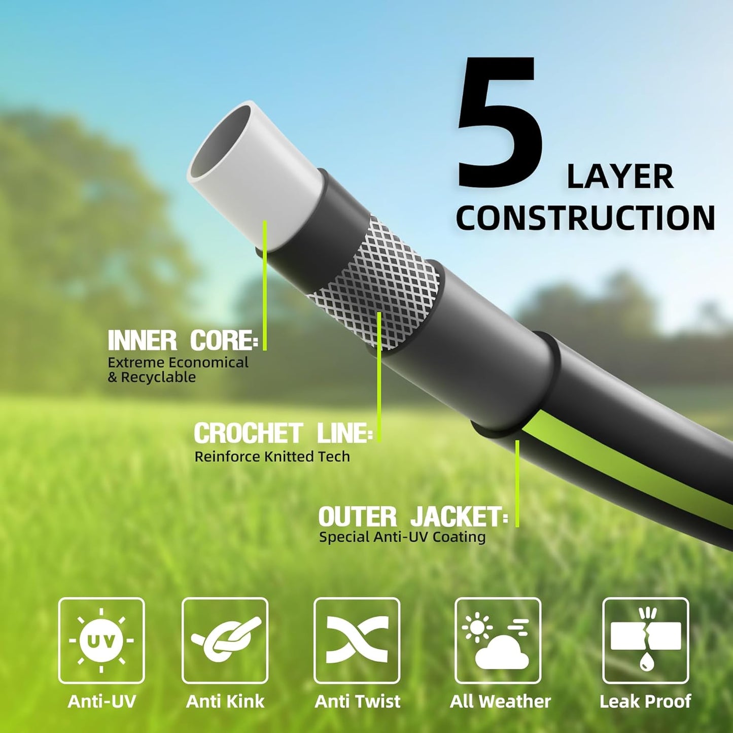 Worth Leader Long Garden Hose 5/8 in. x 100 ft. -No Kink, Flexible, Leakproof, Male to Female Fittings -Heavy Duty Durable PVC Lightweight Water Pipe with Brass Aluminum Ends for Household & Yard Use
