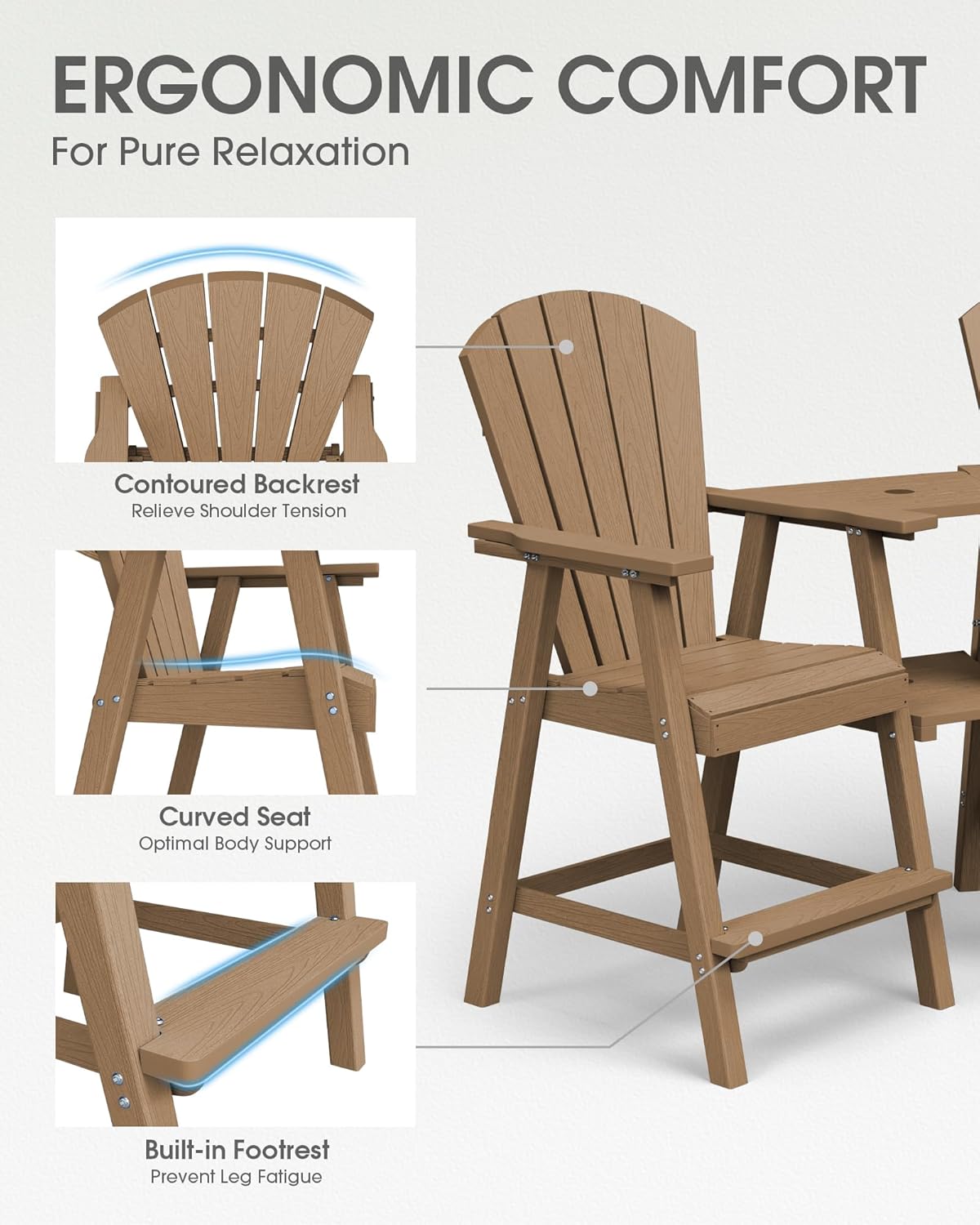 Tall Adirondack Chairs Set of 2, HDPE High Adirondack Chairs with Double Removable Trays, All Weather Outdoor Barstools for Patio, Balcony, Backyard, Deck and Garden, Teak
