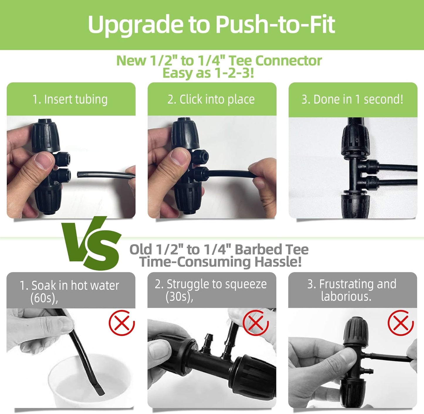 6 Pack 1/2'' to 1/4'' Drip Irrigation Fittings, Push-to-Connect 4 Way Drip Irrigation Part Barbed Tee Connectors, Anti-leak Locked Splitter Fitting for 1/2" Irrigation Tubing (0.6''-0.67''OD)