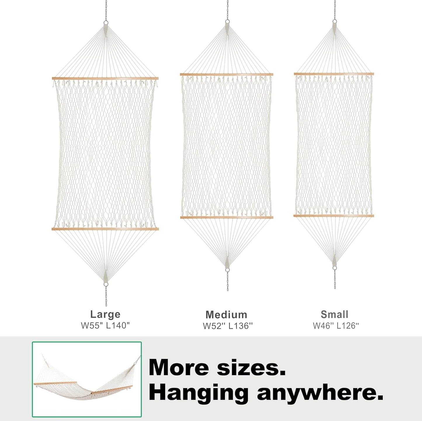 GAFETE 12ft Double Hammocks for Outside, Handwoven Traditional Cotton Rope 2 Person Hammock with Hardwood Spreader Bar, Chains & Hooks for Indoor Outdoor, Max 450 lbs Capacity (Natural Beige, Medium)
