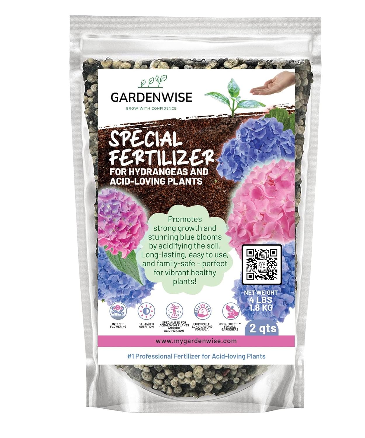 Slow Release Hydrangea Fertilizer with Iron & Sulfur – Indoor & Outdoor Soil Acidifier for Miracle Growth (2 qt)