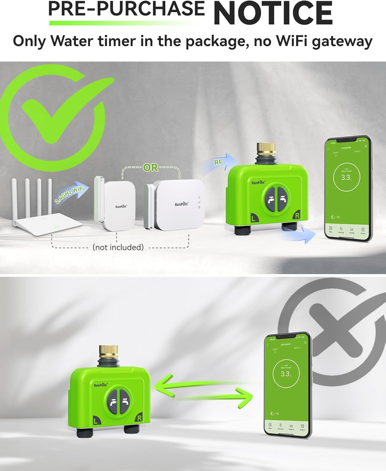 RAINPOINT WiFi Water Timer for Garden Hose, Brass Inlet 2 Zone WiFi Sprinkler Controller, Smart Hose Timer Valve, Automatic Drip Irrigation System/Rain Delay for Garden/Lawn/Yard (No Gateway)