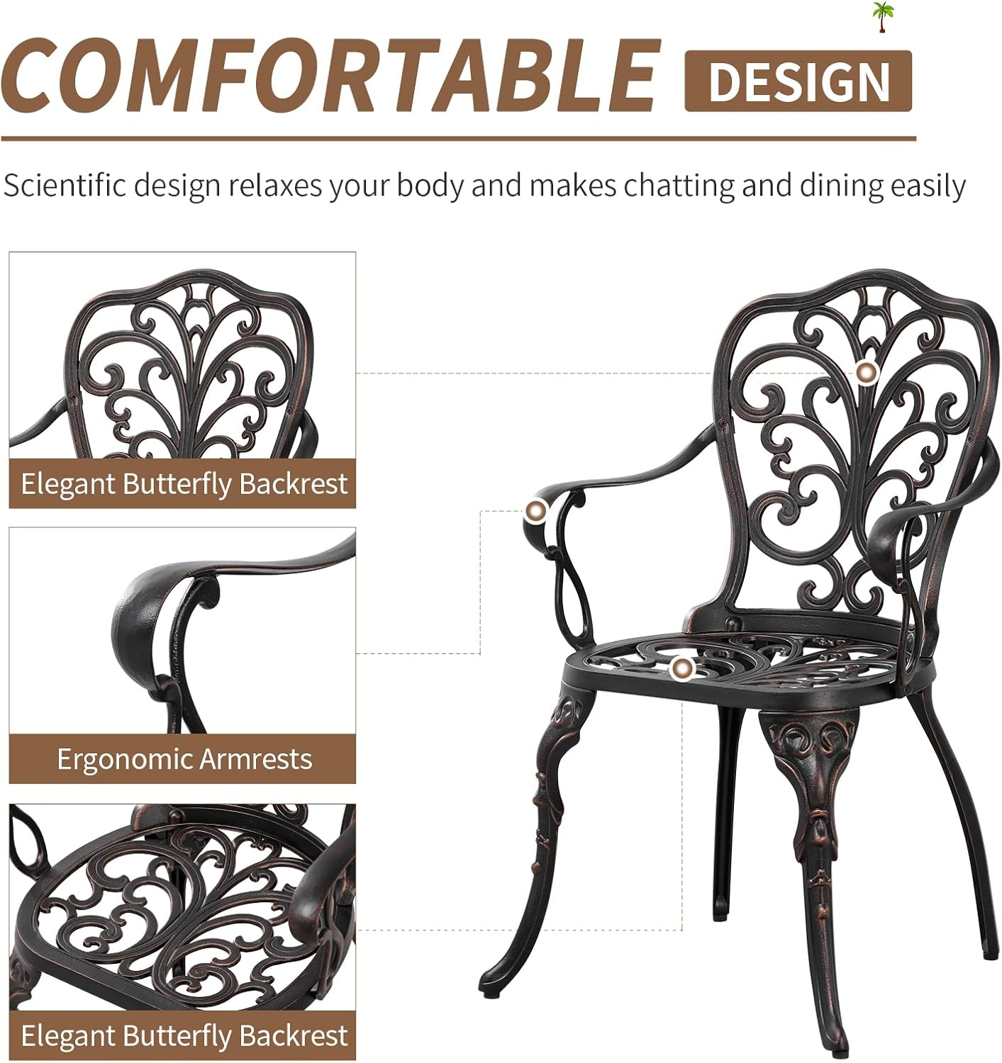 Outdoor Bistro Set 3 Piece, Patio Bistro Set, Cast Aluminum Bistro Set, Patio Table Set with 1.97" Umbrella Hole for Yard, Deck, Front Porch