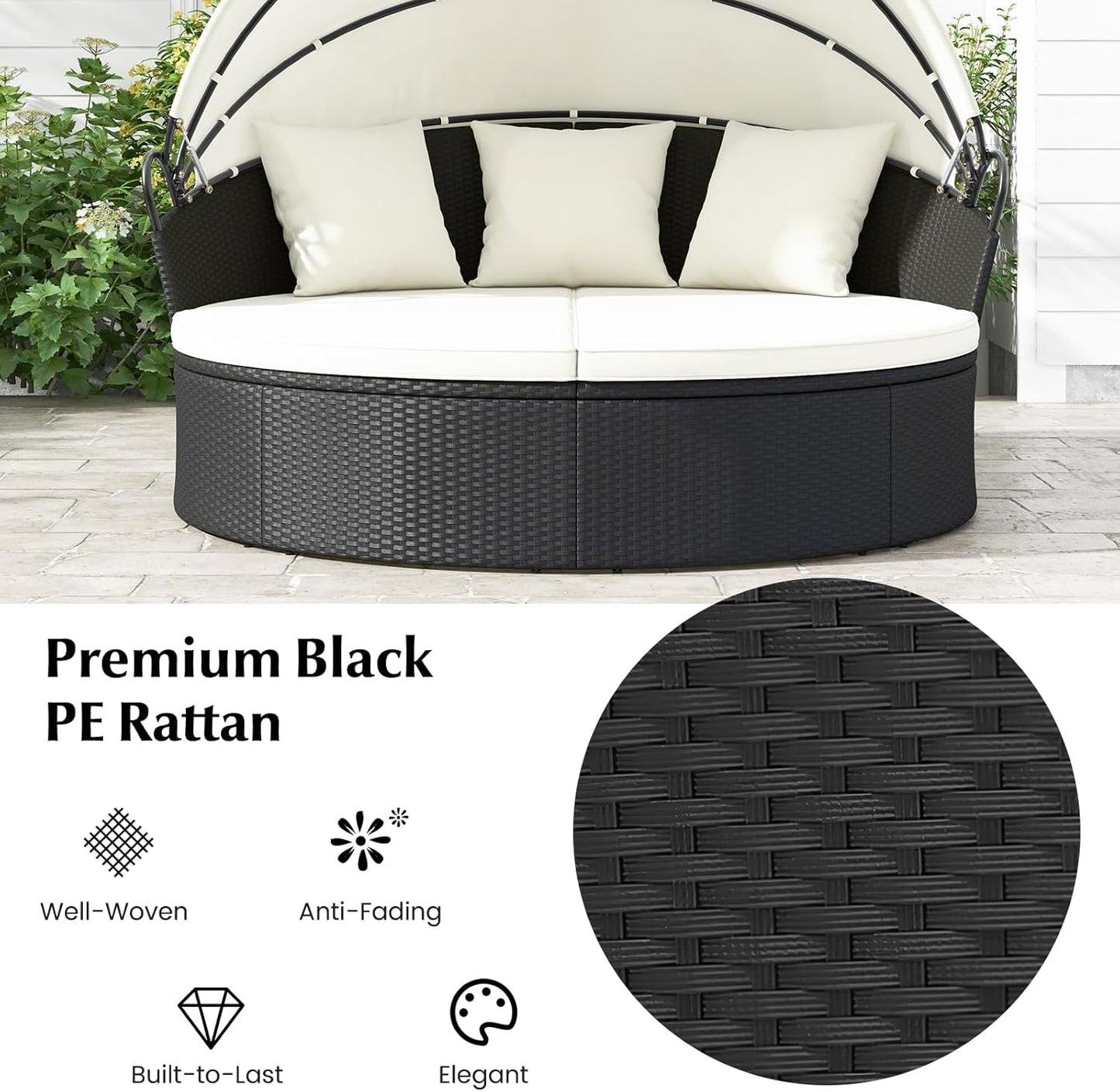 RELAX4LIFE Round Outdoor Daybed with Canopy - Wicker Rattan Sectional Sofa Sunbed w/Cushions & 3 Pillows, Clamshell Conversation Lounger Separated Seating Set for Garden Porch, Patio Day Bed (Beige)