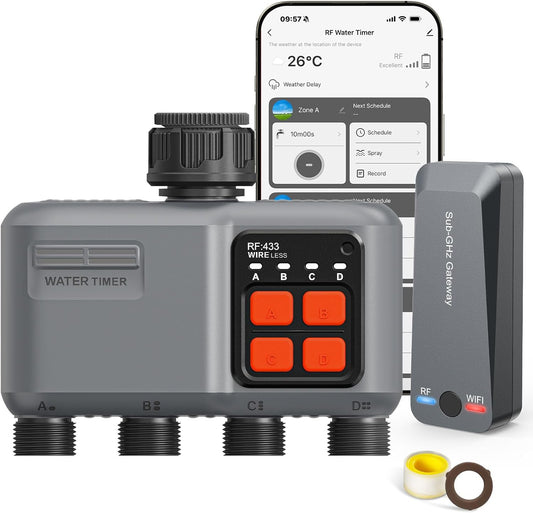WiFi Sprinkler Timer 4 Zone with 984 Feet RF Gateway, 4 Outlet Smart Water Timer for Garden Hose with Rain Delay/Manual/Automatic,WiFi Water Hose Timers for Garden & Lawns