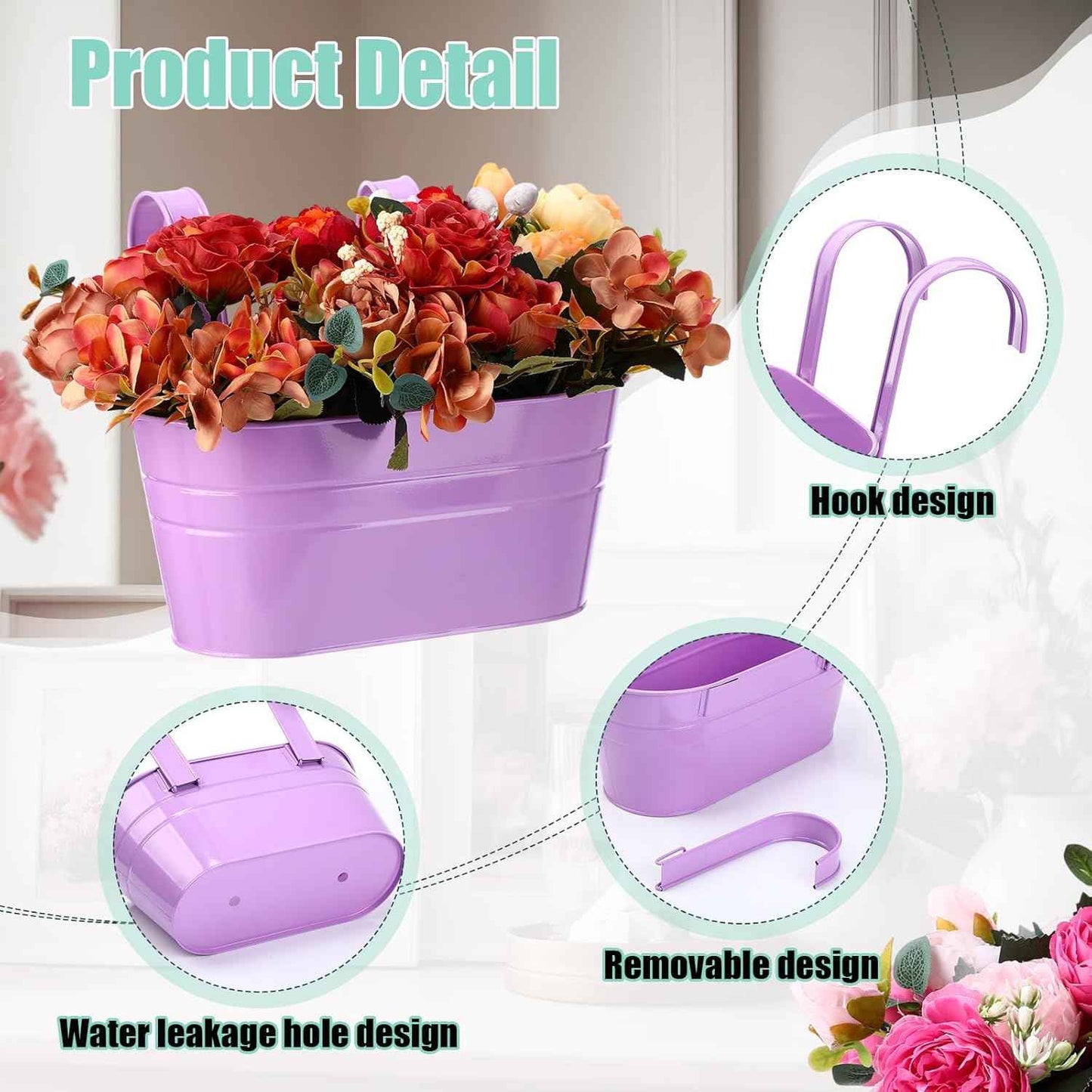 6 Pack Hanging Flower Pot Colorful Metal Iron Bucket Fence Hanging Planters with Detachable Hook Bucket Flower Holder for Railing Balcony Garden Yard Spring Decor(Round,10.6X 5.5 x 4.7 in)