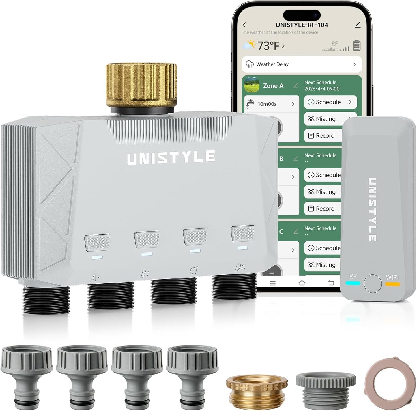 [All-New 2027] 1700FT WiFi 4 Zone Water Timer for Garden Hose with Brass Inlet, Unistyle Smart Sprinkler Controller Compatible Alexa & Google Voice, WiFi Hose Timer, Auto Manual Modes for Garden Lawn