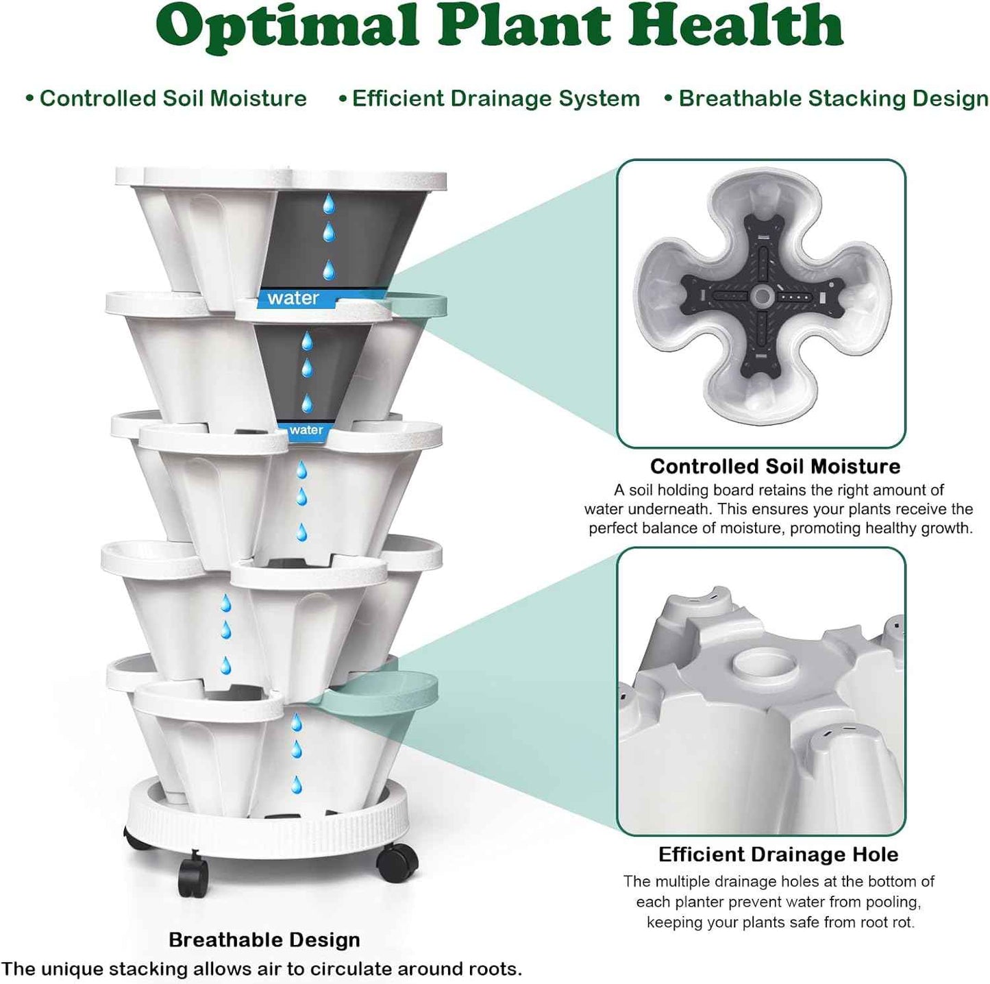 7 Tiered Strawberry Planters 2 Pack, Vertical Stackable Planter, Herb Stacking Tower Garden, Flower and Vegetable Planters with Support Pole Indoor & Outdoor with Removable Wheels - White