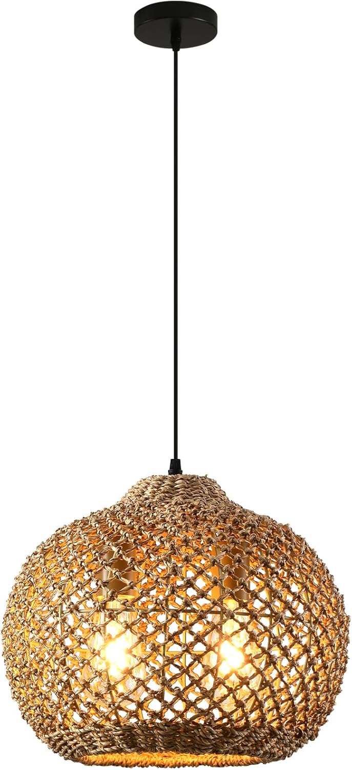 13.79" Rattan Pendant Light, Boho Handmade 2-Light Wicker Chandelier, for Kitchen Island, Bedroom, Dining Room, Entryway, Foyer